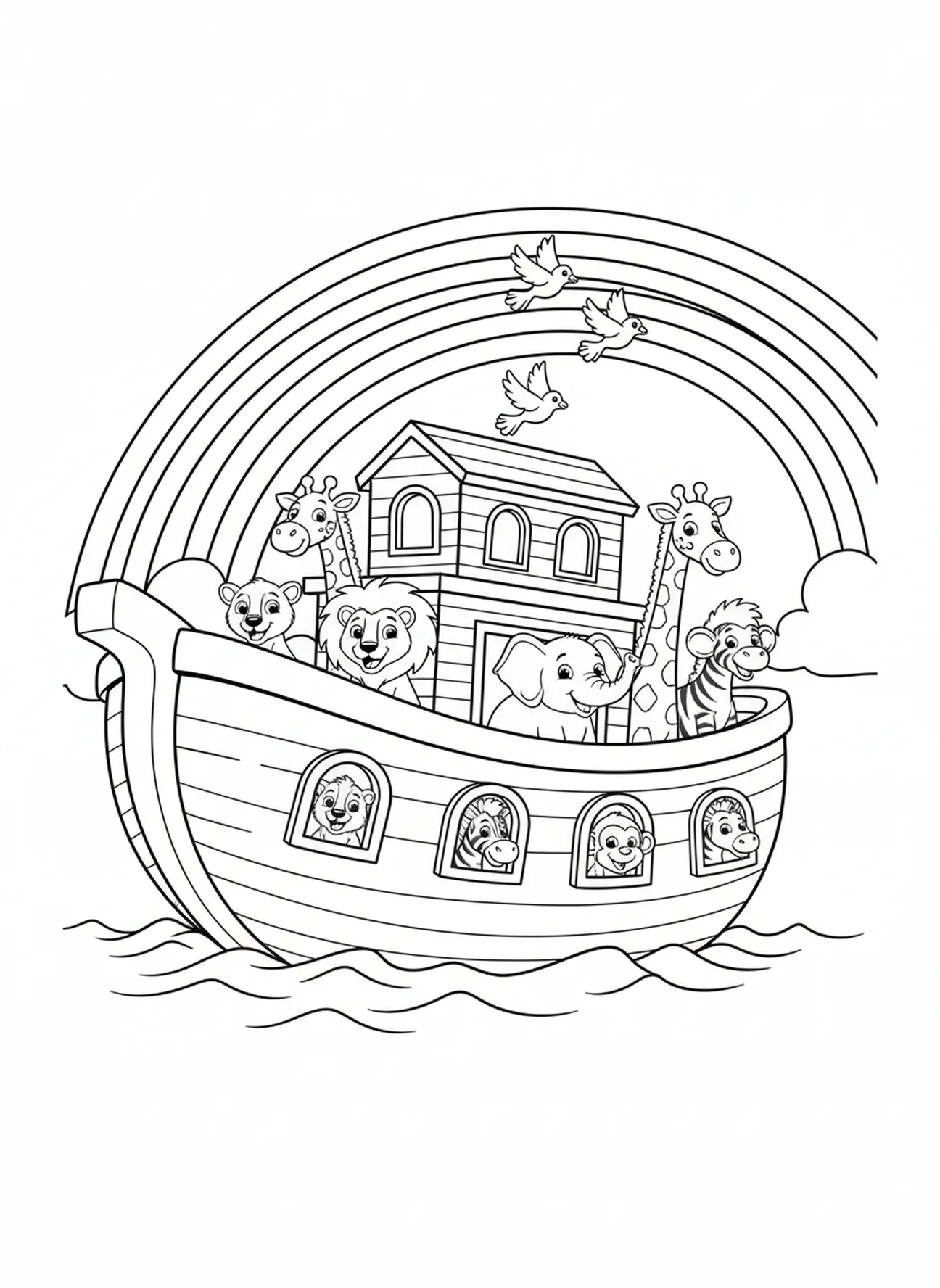 L'arche avec un arc-en-ciel et des animaux, page à colorier Psaume 37:4 pour les enfants de 5 à 10 ans
