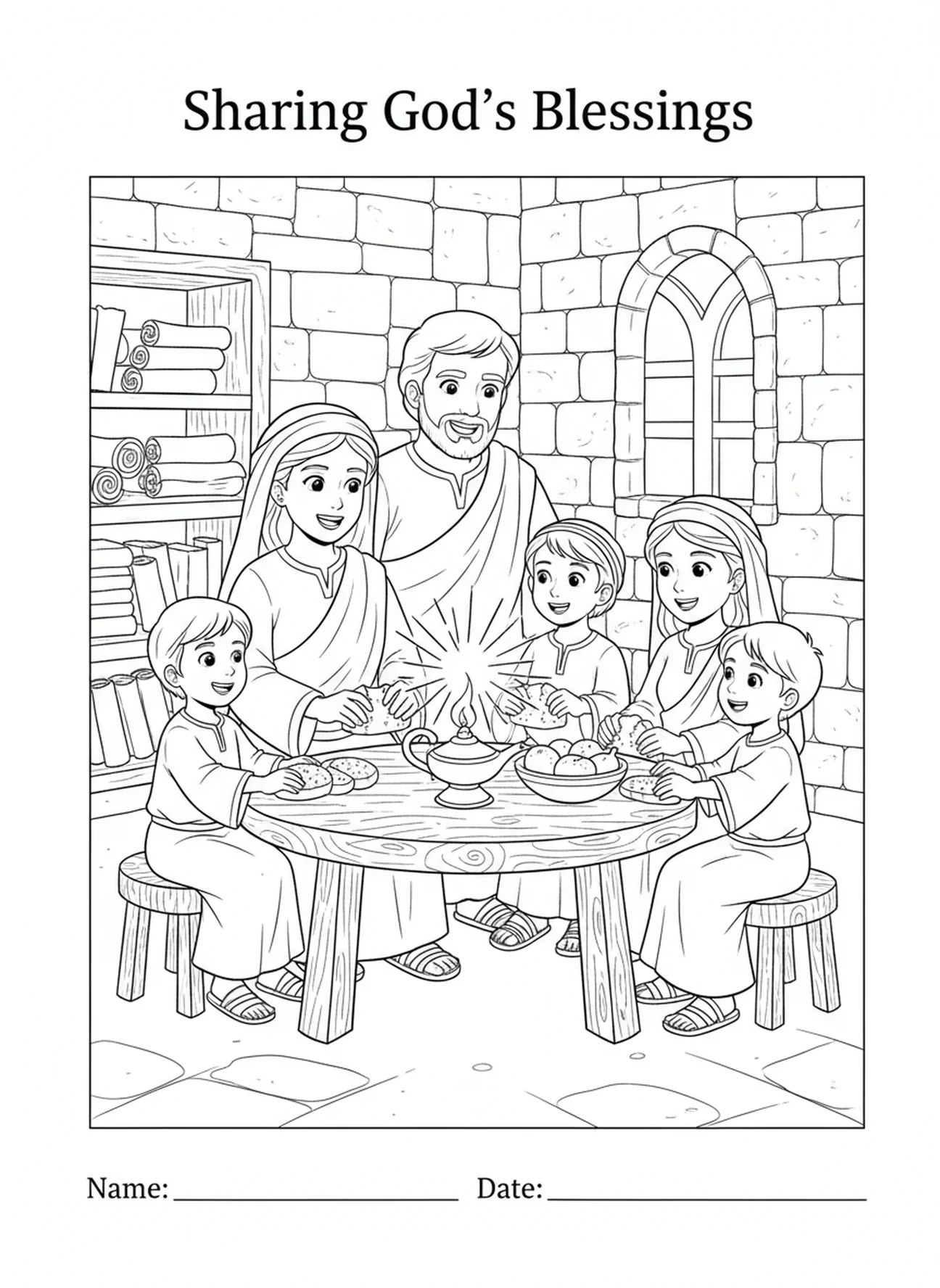 Familia compartiendo comida en la mesa, página para colorear Salmo 37:4 para niños de Escuela Dominical de 5 a 12 años