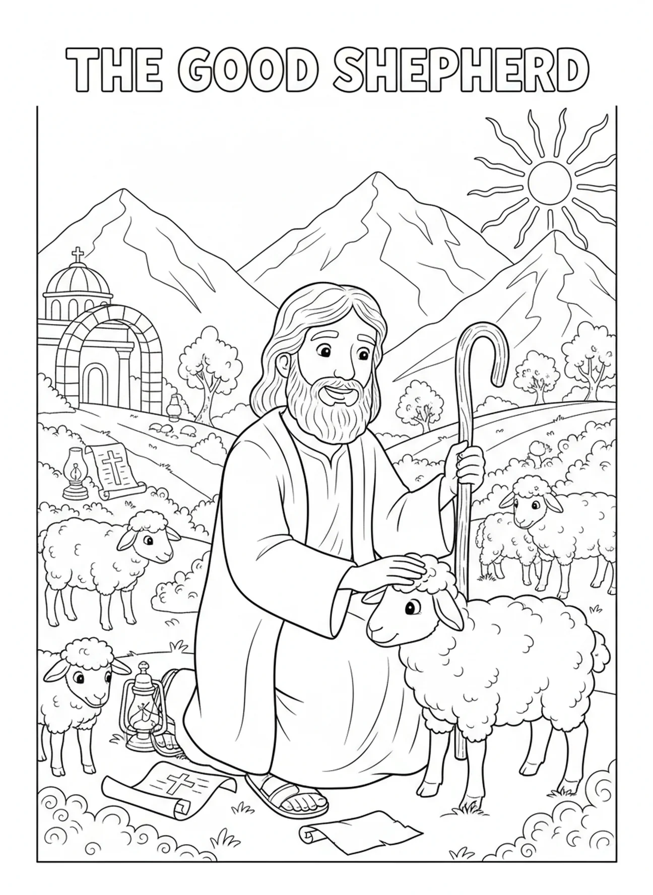Pastor cuidando ovejas en el prado, página para colorear Salmo 37:4 para niños de Escuela Dominical de 5 a 12 años