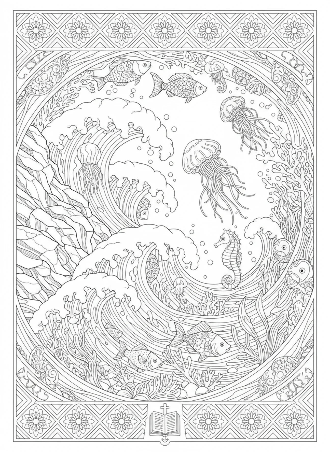 Ondas batendo nas rochas, Salmo 42 A Cerva Suspira página para colorir para adultos no estilo de journaling bíblico.