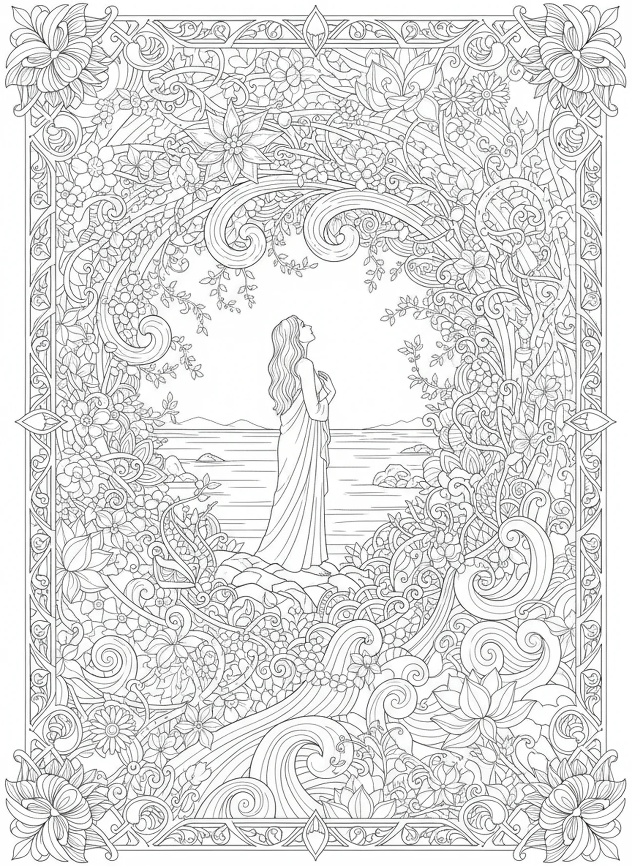 Figura contemplativa à beira da água, Salmo 42 Como a Cerva Anseia, página de colorir para adultos no estilo de journaling bíblico.