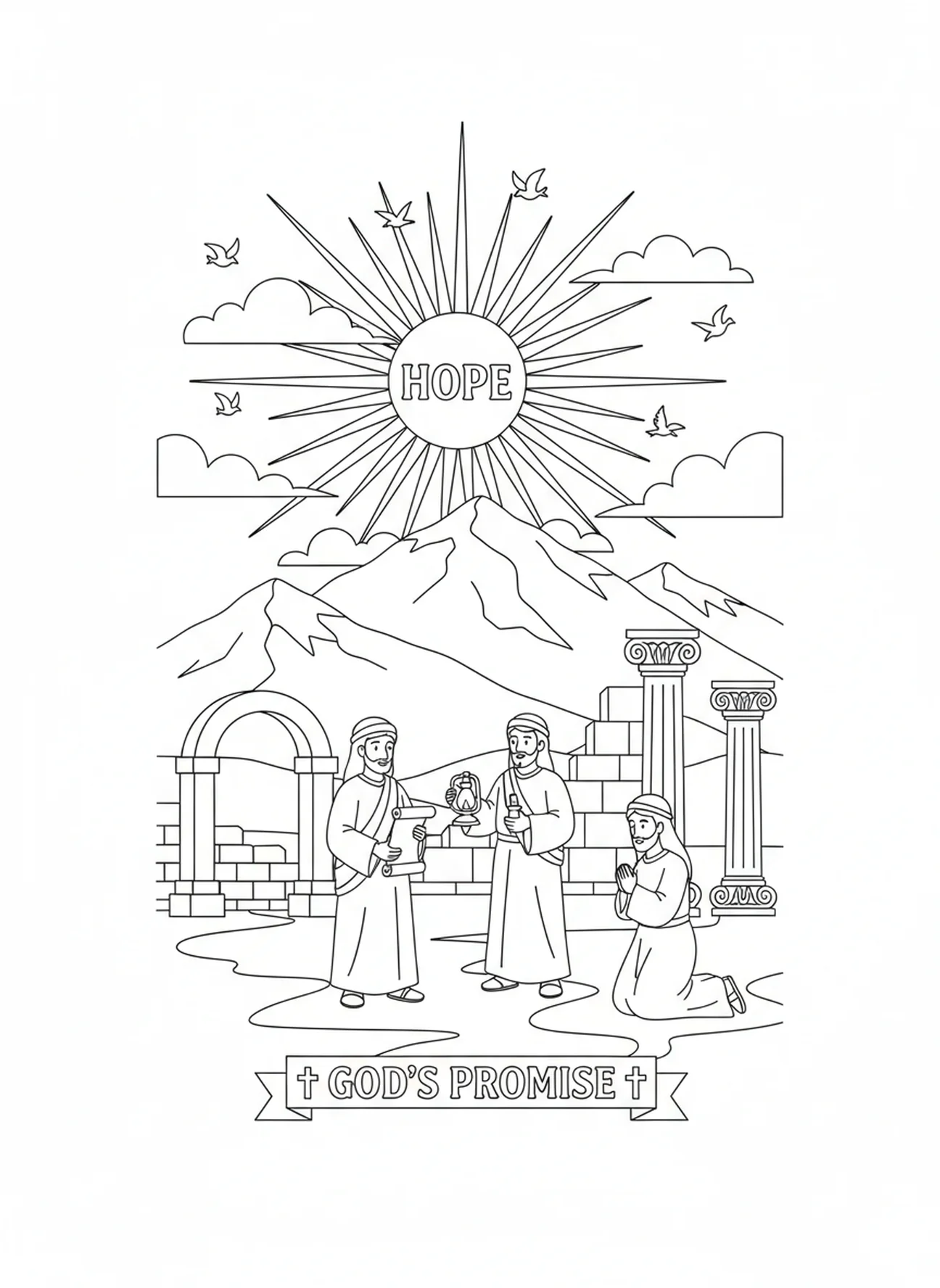 Montañas distantes con un sol brillante, página para colorear Salmo 42 Como el ciervo brama para la Escuela Dominical niños de 5 a 12 años.