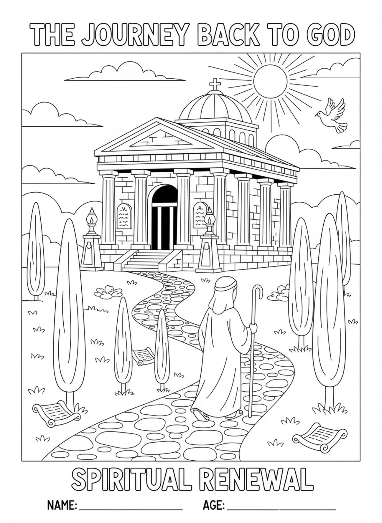Persona caminando hacia un templo, Salmo 42 Como el ciervo anhela, página para colorear para niños de la Escuela Dominical de 5 a 12 años.