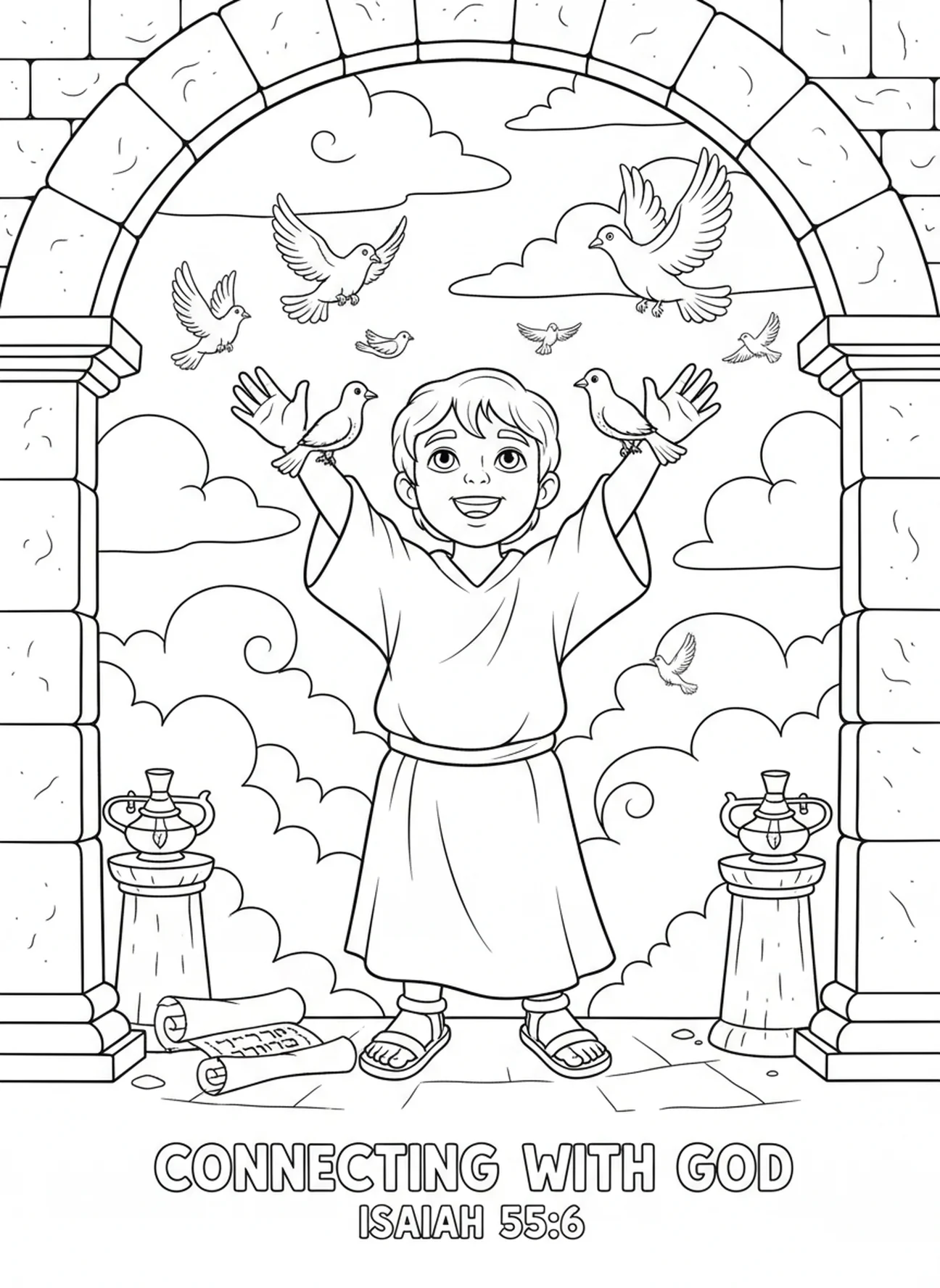 Niño levantando las manos al cielo, página para colorear Salmo 42 Como ciervo anhela, para niños de Escuela Dominical de 5 a 12 años.