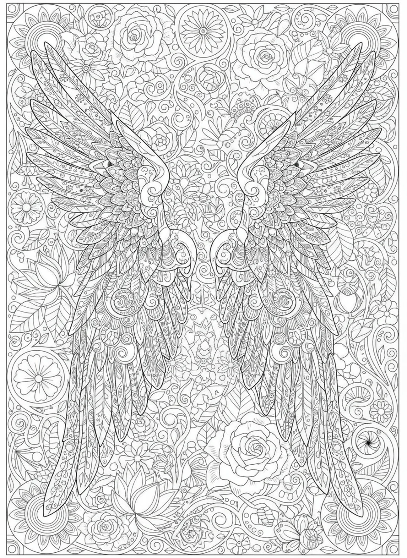 Par de asas angelicais, página para colorir Salmo 46:1 no estilo de journaling bíblico para adultos.