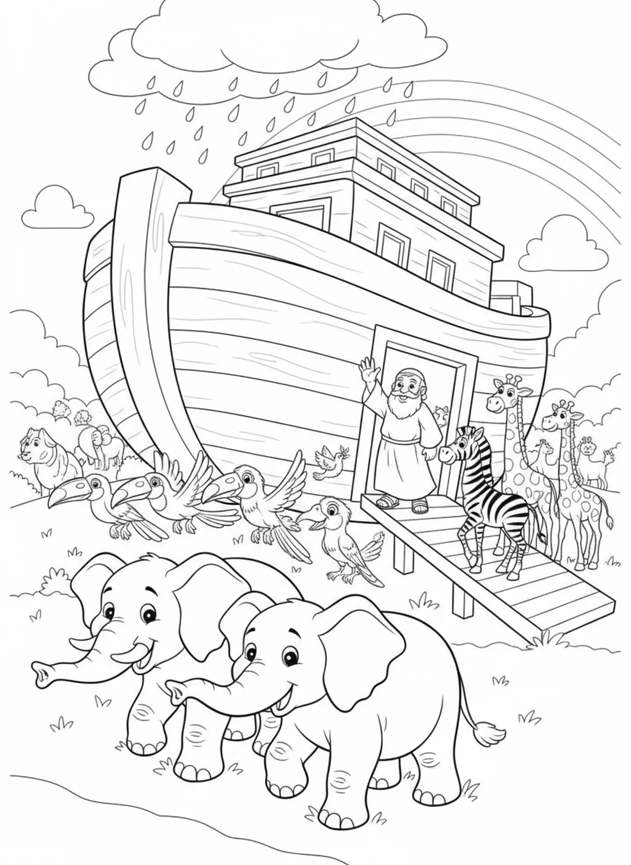 Des paires d'animaux entrant dans l'arche, page à colorier Psaume 46:1 pour les enfants de 5 à 10 ans.
