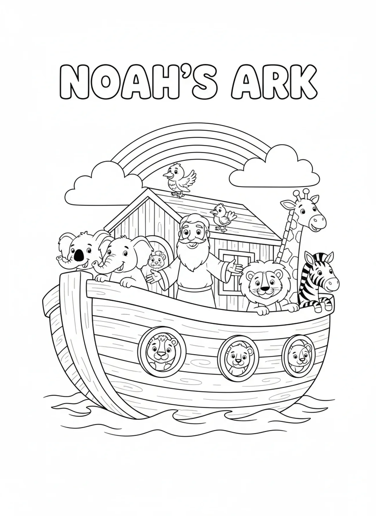 Noé avec des animaux sur l'arche, page à colorier Psaume 46:1 pour les enfants de 5 à 10 ans.