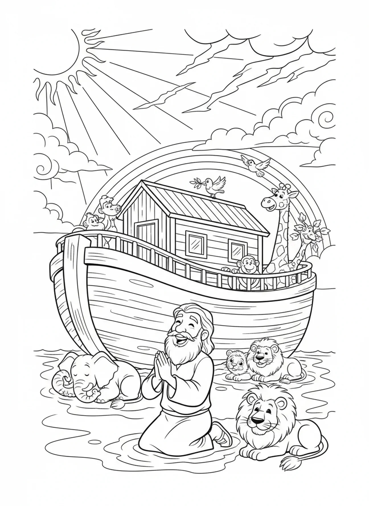 Noé et les animaux après la tempête, page à colorier Psaume 46:1 pour les enfants de 5 à 10 ans.