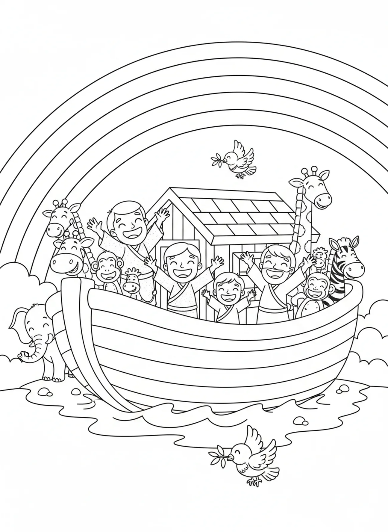 Arc-en-ciel au-dessus de l'arche, page à colorier Psaume 46:1 pour les enfants de 5 à 10 ans.