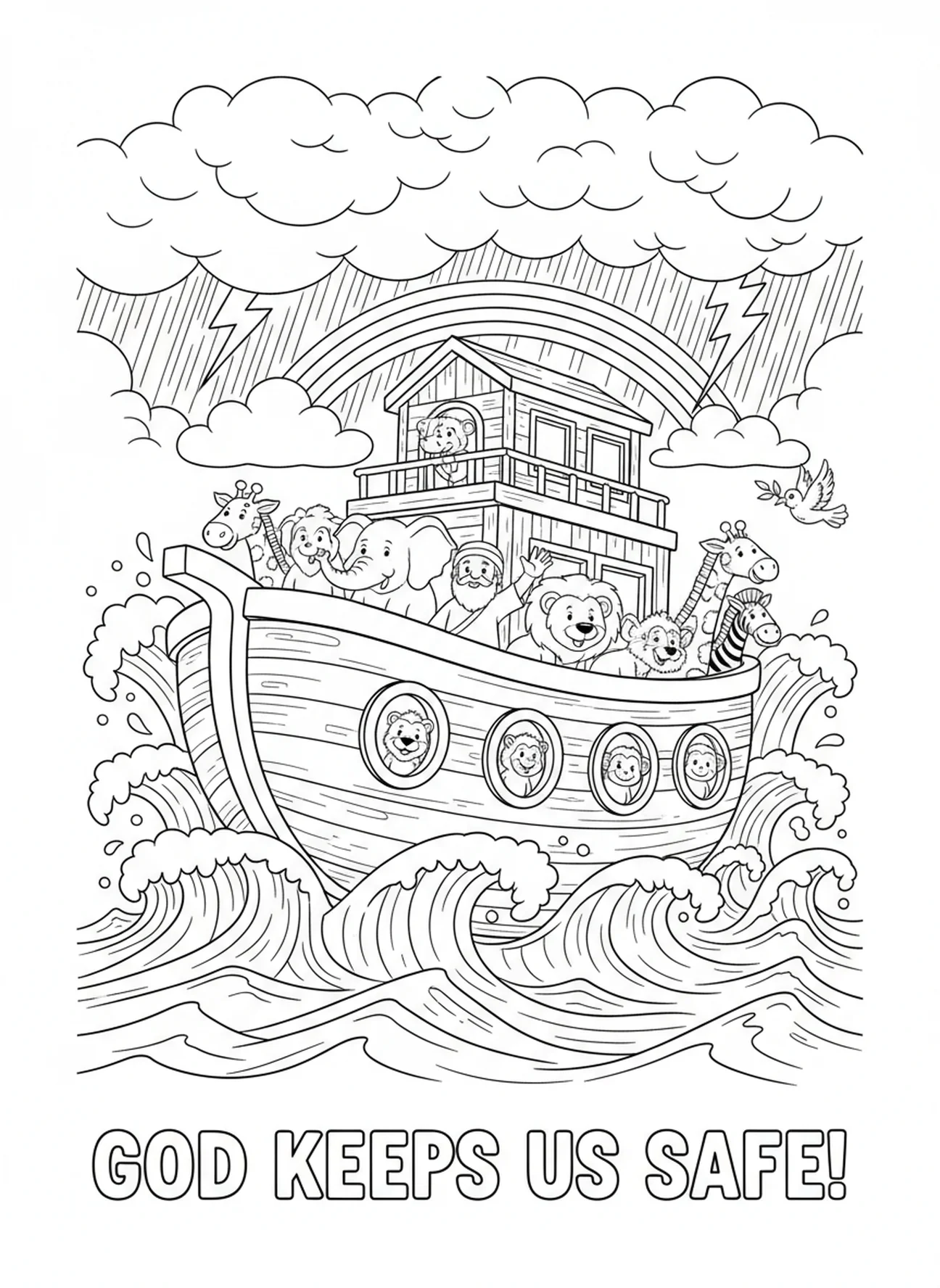 L'arche sur des mers orageuses, coloriage Psaume 46:1 pour les enfants de 5 à 10 ans.