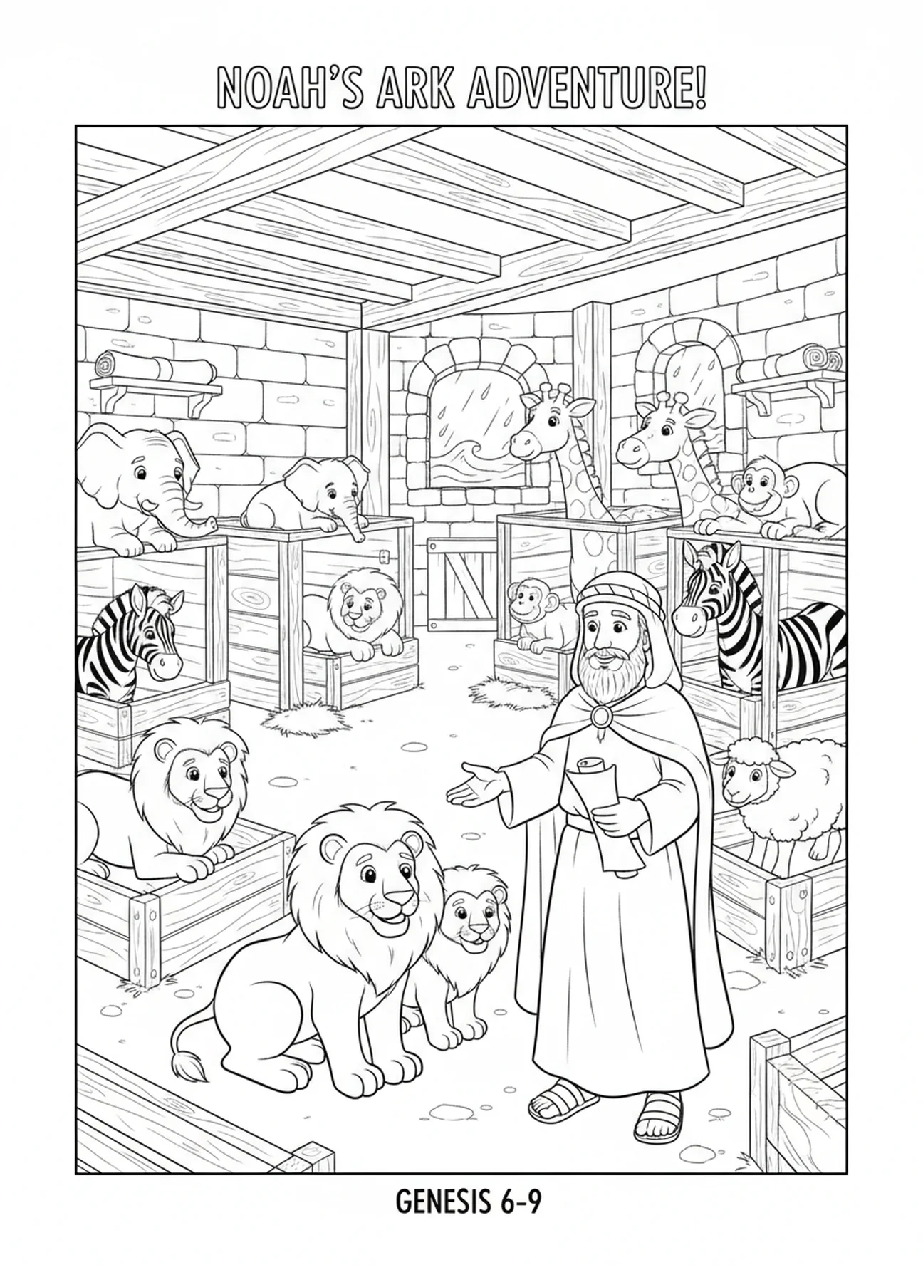 Animais acomodados dentro da arca, página para colorir Salmo 46:1 para crianças da Escola Dominical de 5 a 12 anos