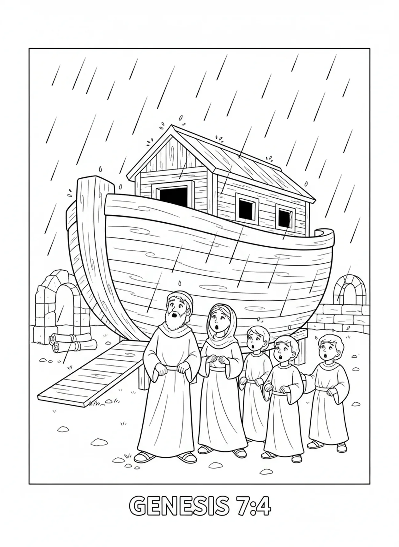 A arca pronta enquanto a chuva começa, Salmo 46:1 página para colorir para crianças da Escola Dominical de 5 a 12 anos