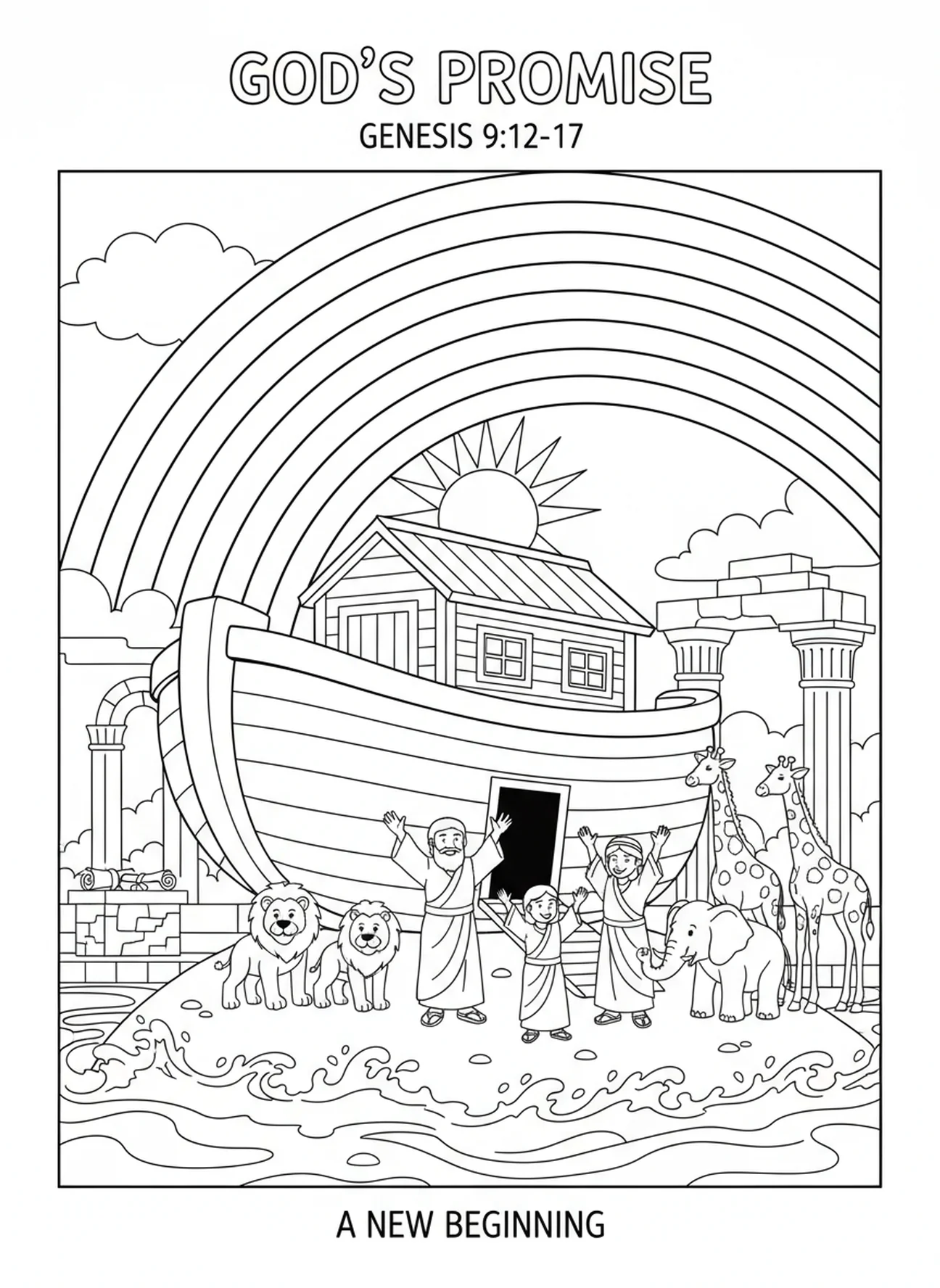 Arco-íris aparecendo sobre a arca, Salmo 46:1 página para colorir para crianças da Escola Dominical de 5 a 12 anos