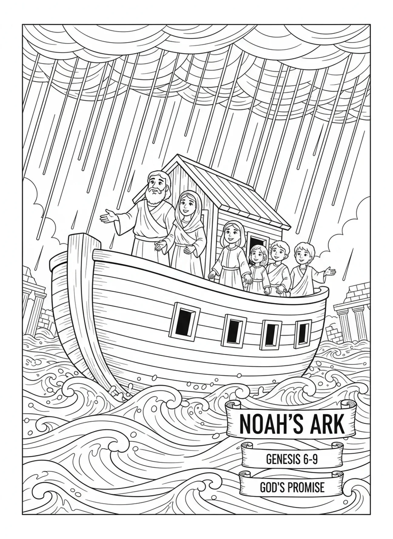 A arca flutuando durante a tempestade, página de colorir Salmo 46:1 para crianças da Escola Dominical de 5 a 12 anos