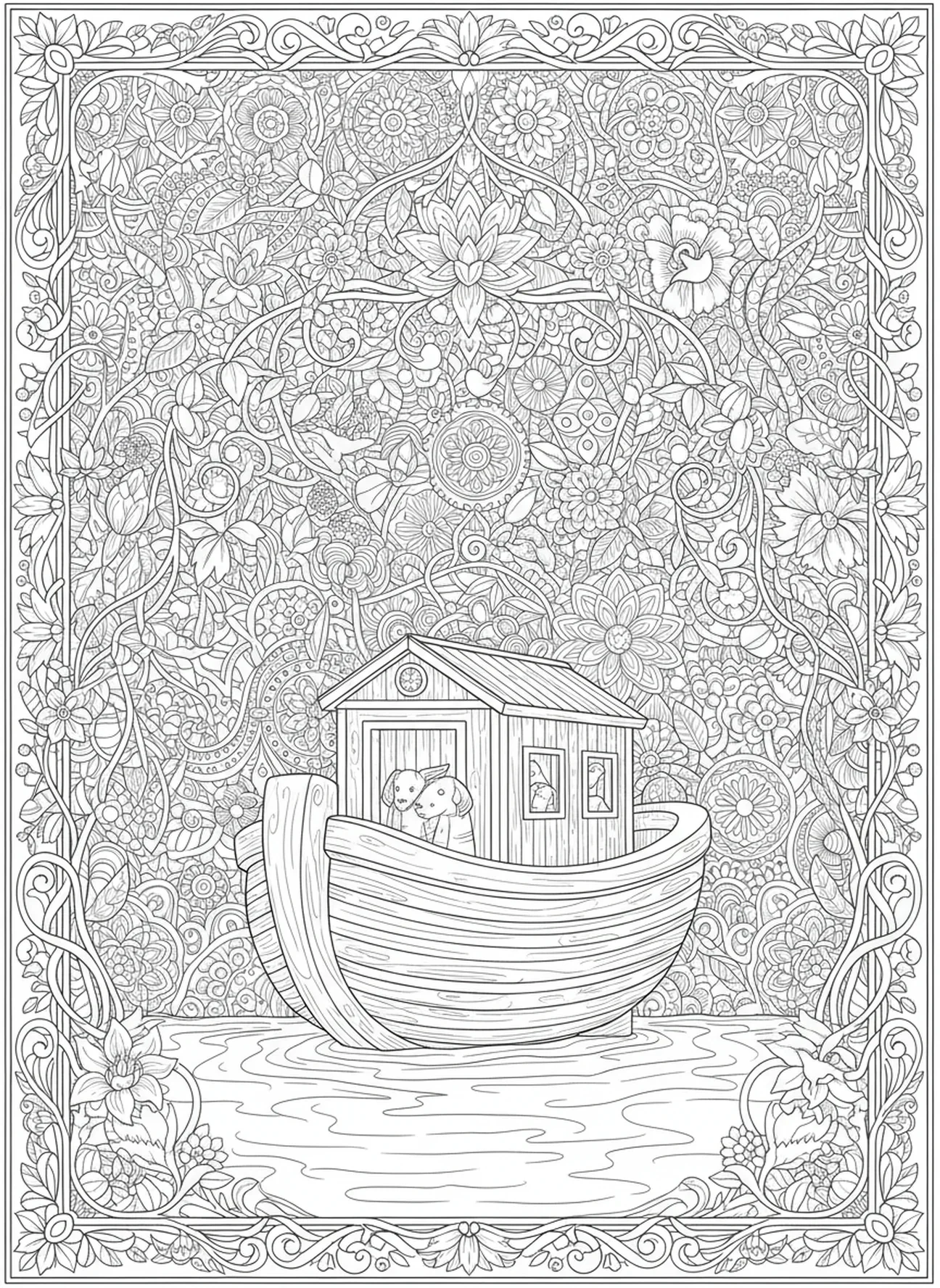 Arca sob vinhas e flores protetoras, página para colorir Salmo 46:10 no estilo de journaling bíblico para adultos