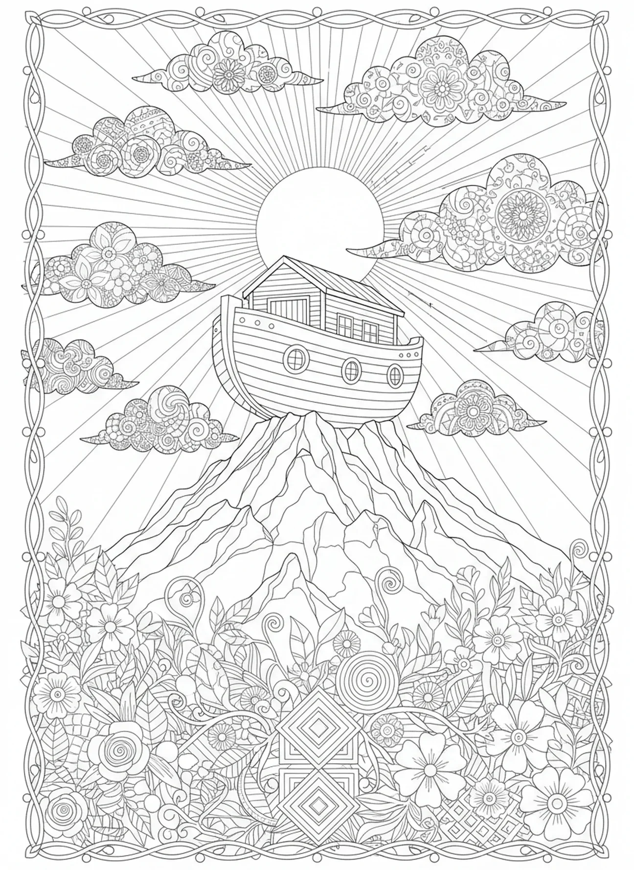 Arca repousando na montanha com nuvens, página para colorir Salmo 46:10 no estilo de journaling bíblico para adultos