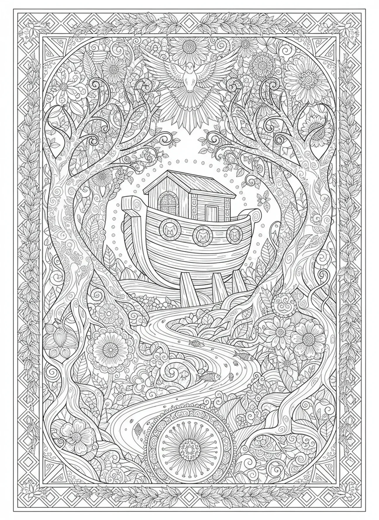 Arca entre árvores e flores, página de colorir Salmo 46:10 para adultos no estilo de journaling bíblico