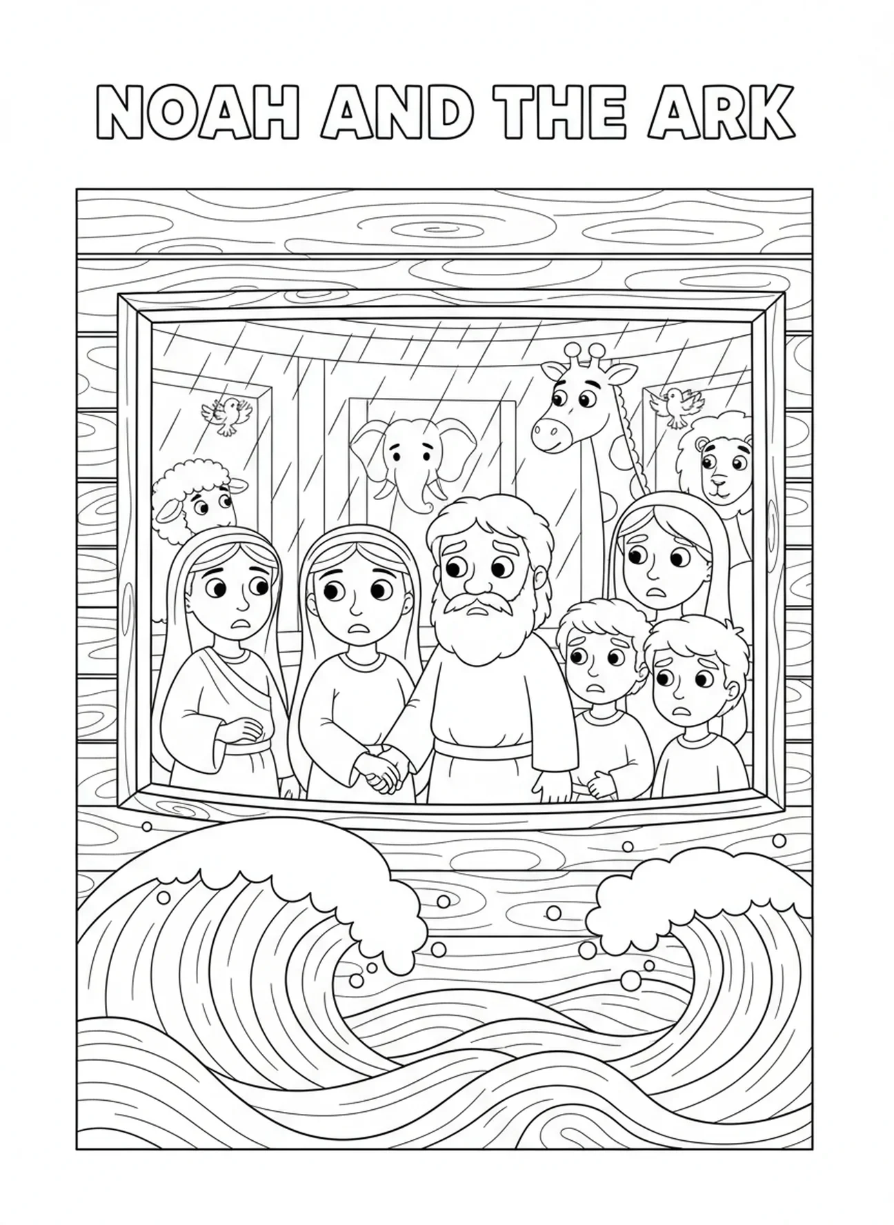 La familia de Noé dentro del arca, página para colorear Salmo 46:10 para niños de 5 a 10 años