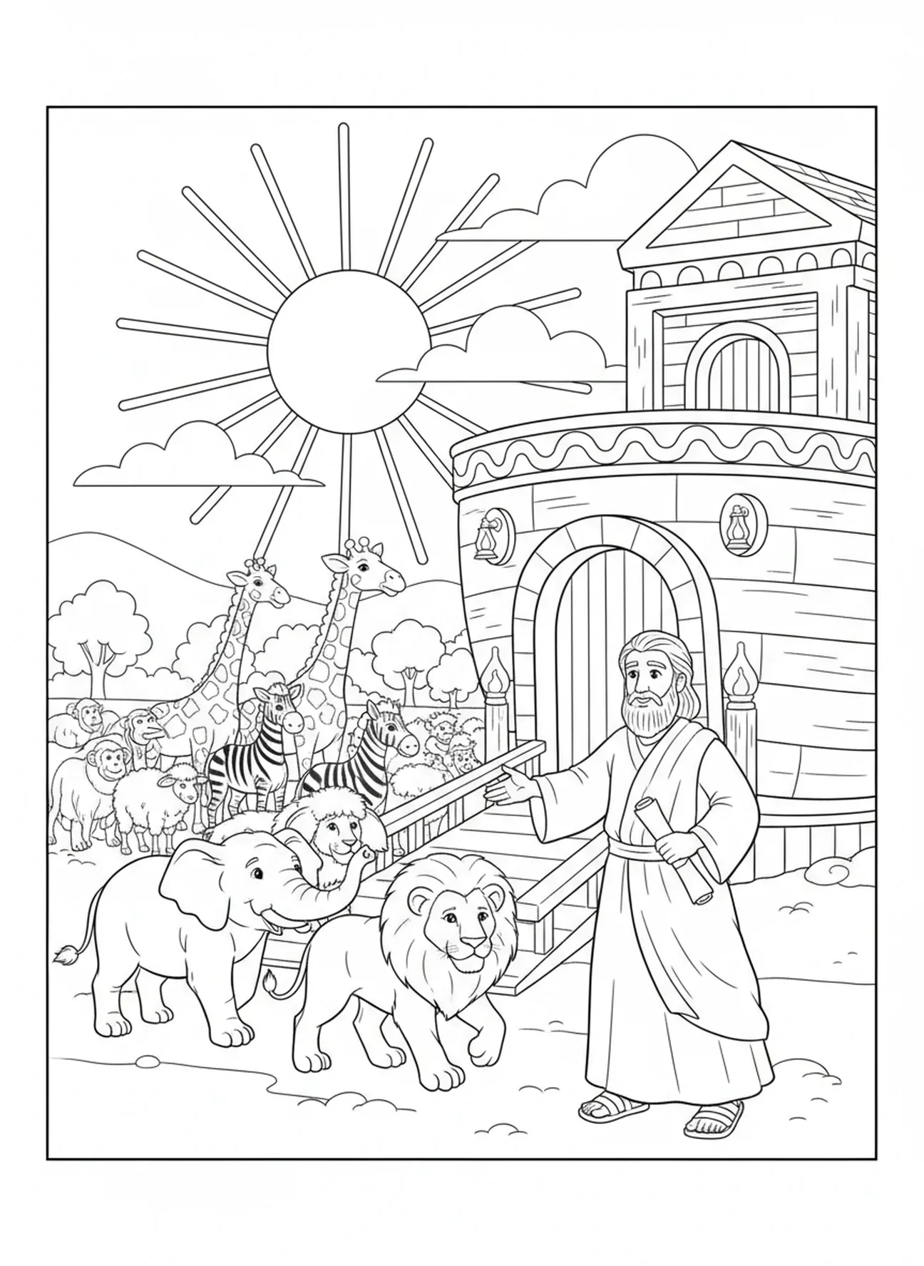 Casais de animais entrando, página para colorir Salmo 46:10 para crianças da Escola Dominical de 5 a 12 anos.