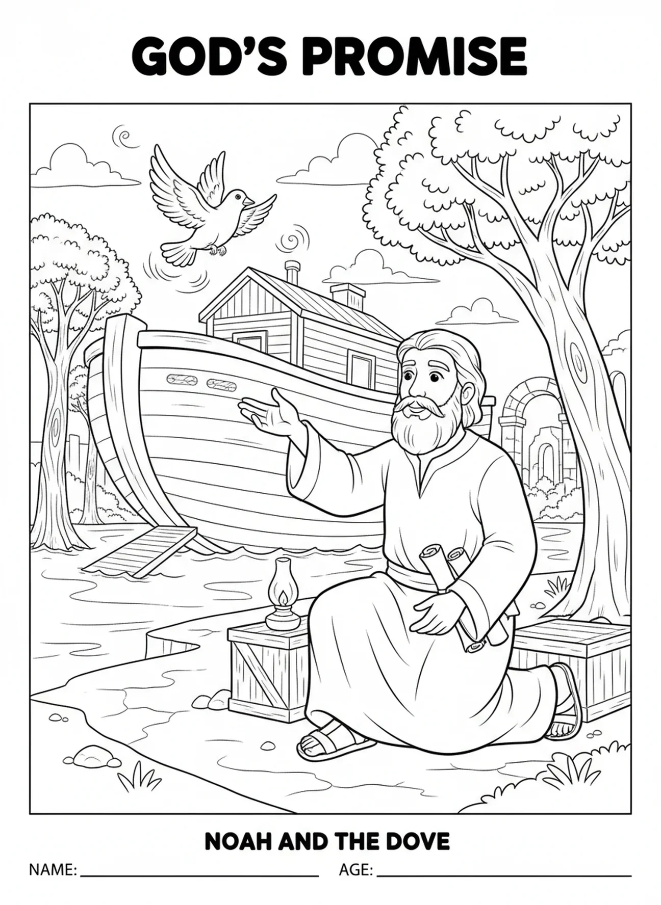 Noé soltando uma pomba, página de colorir Salmo 46:10 para crianças da Escola Dominical de 5 a 12 anos.