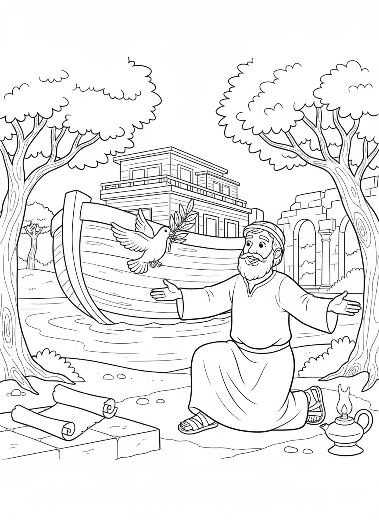 Noé observando uma pomba voltar, página de colorir Salmo 46:10 para crianças da Escola Dominical de 5 a 12 anos.
