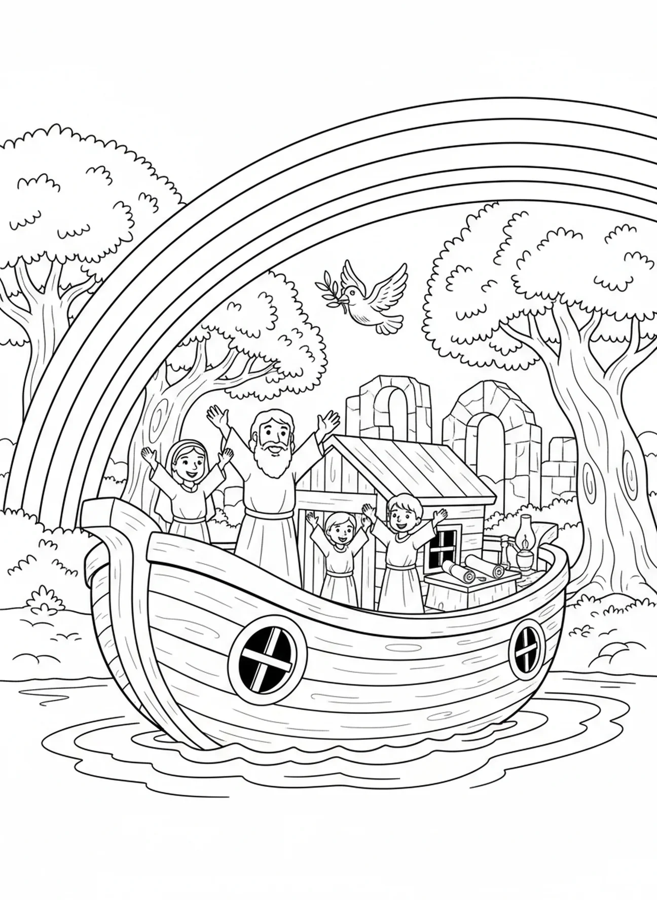 Arco-íris sobre a arca, página de colorir Salmo 46:10 para crianças da Escola Dominical de 5 a 12 anos.