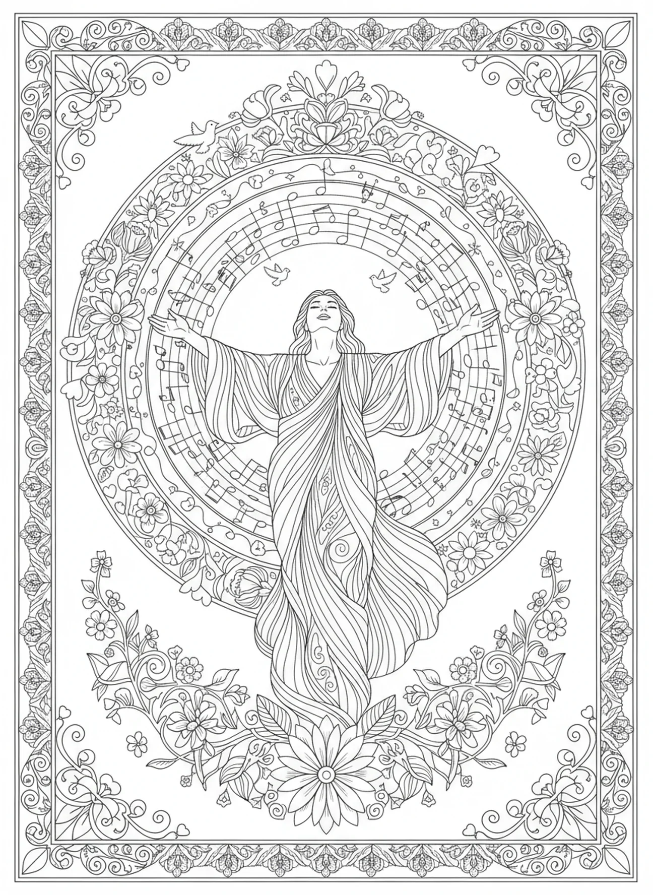 Figure aux bras étendus dans une louange joyeuse, page à colorier Psalm 51 Crée en moi un cœur pur, style de journal biblique pour adultes.
