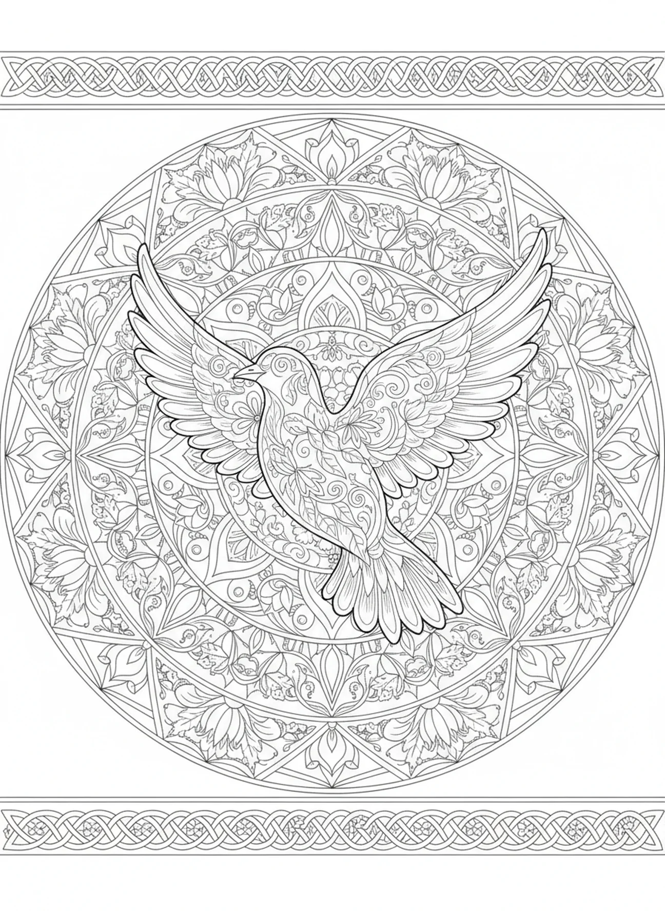 Colombe en vol représentant l'esprit, page à colorier Psaume 51 Crée en moi un cœur pur pour le style de journal biblique.
