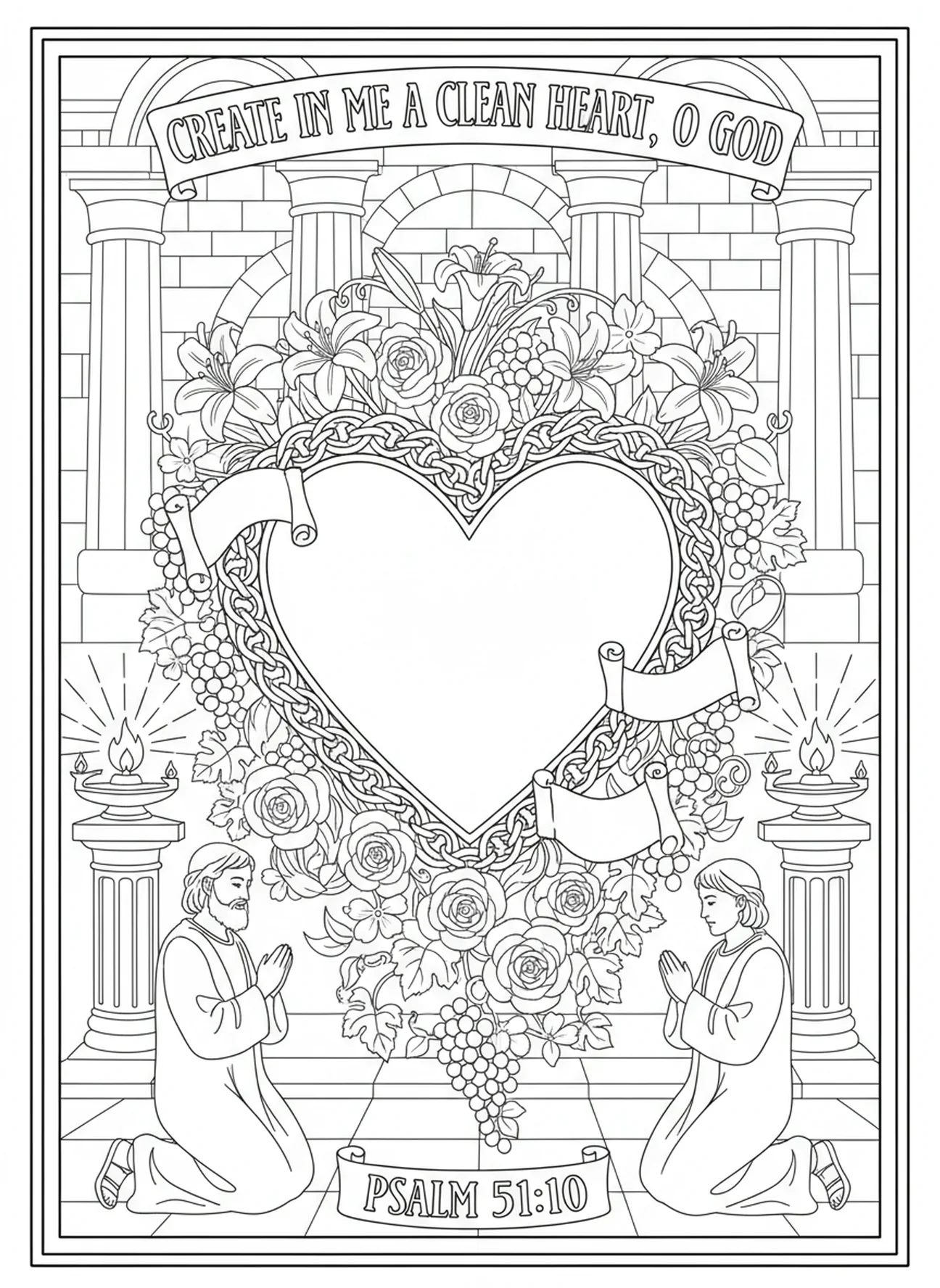 Cœur avec des fleurs, page à colorier Psaume 51 Crée en moi un cœur pur pour les enfants de catéchisme âgés de 5 à 12 ans.