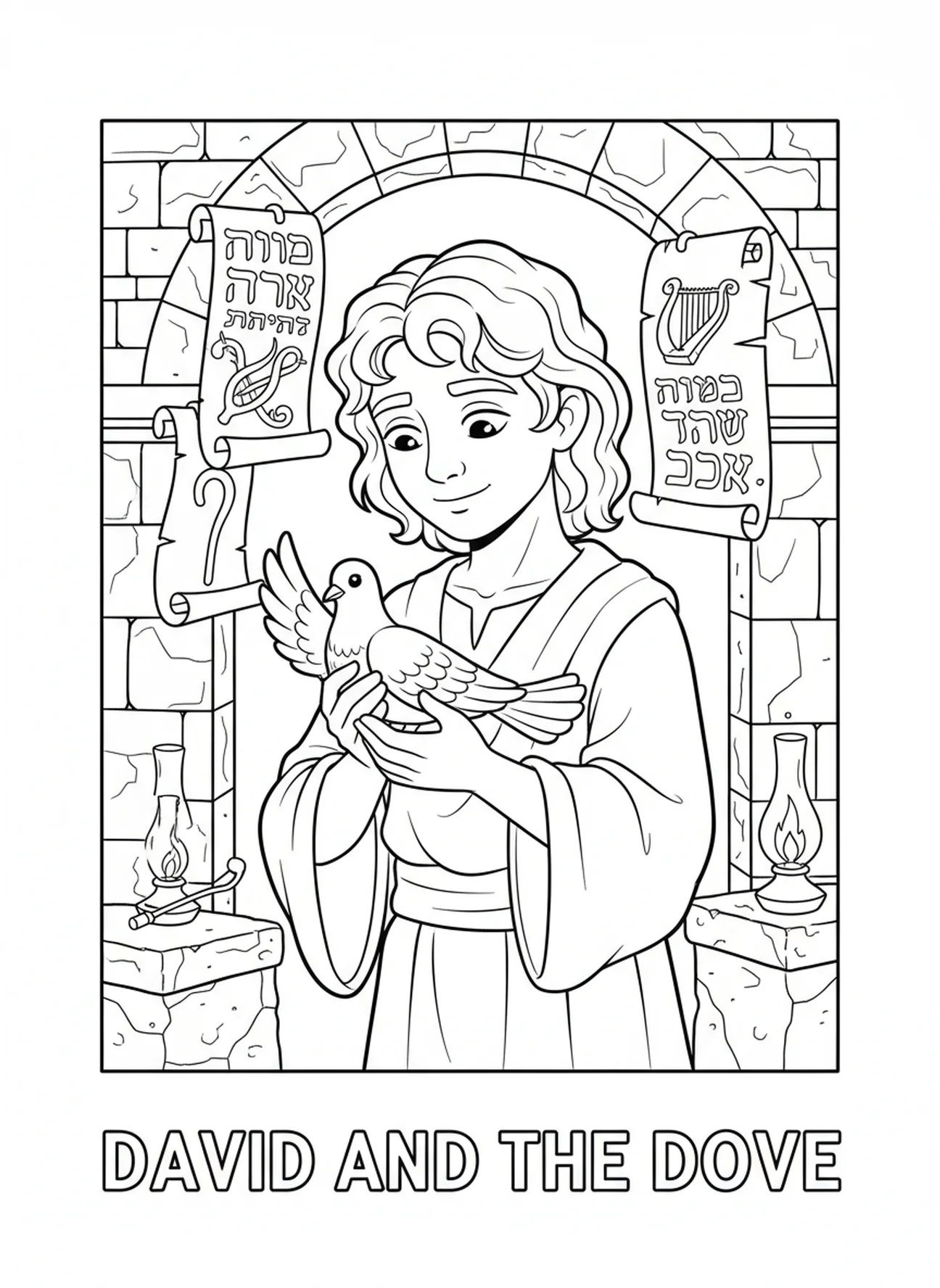 David tenant une colombe, page à colorier Psaume 51 Crée en moi un cœur pur pour les enfants de catéchisme âgés de 5 à 12 ans.
