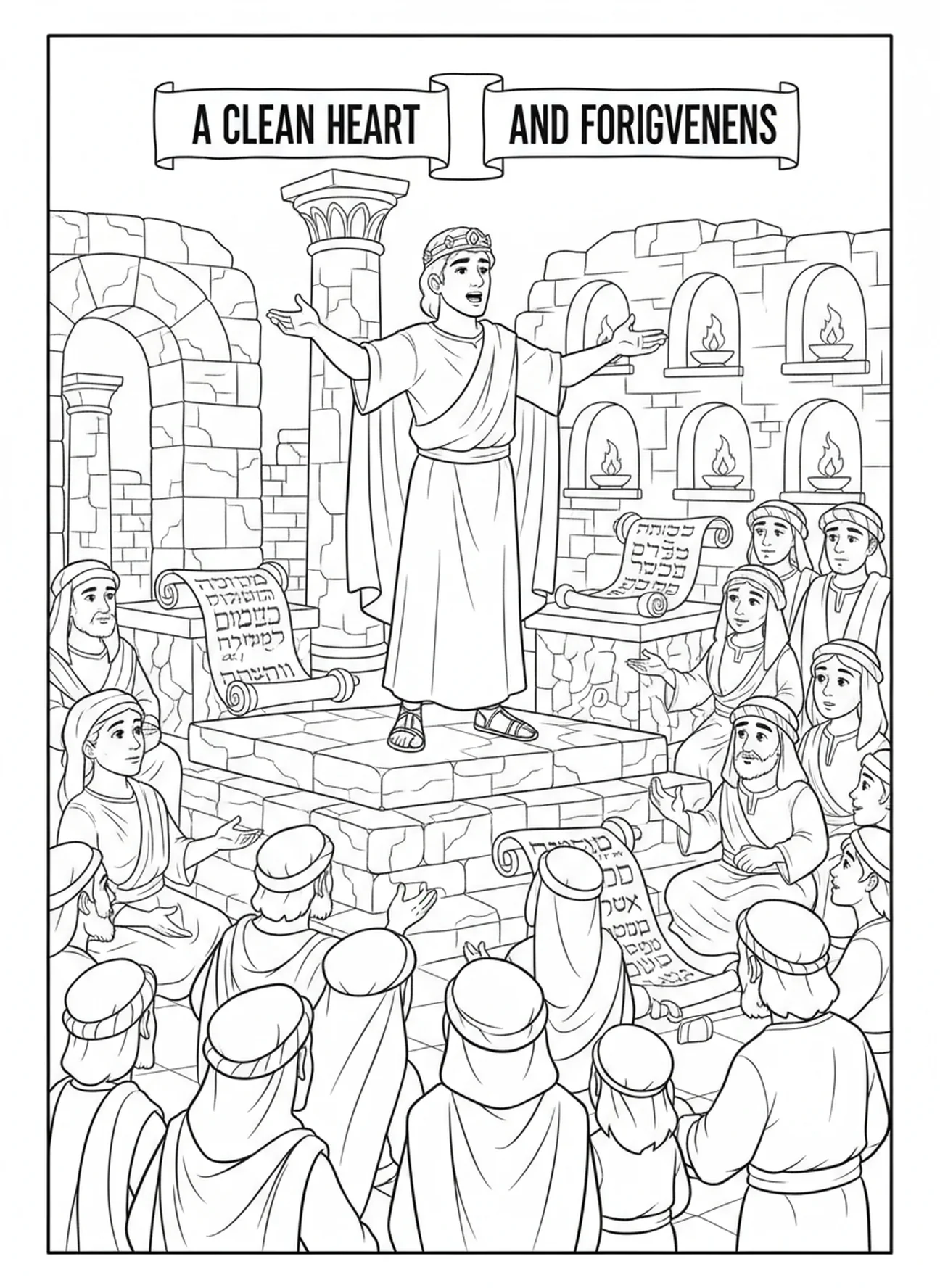 David s'adressant aux gens, page à colorier Psaume 51 Crée en moi un cœur pur pour l'École du dimanche enfants de 5 à 12 ans.