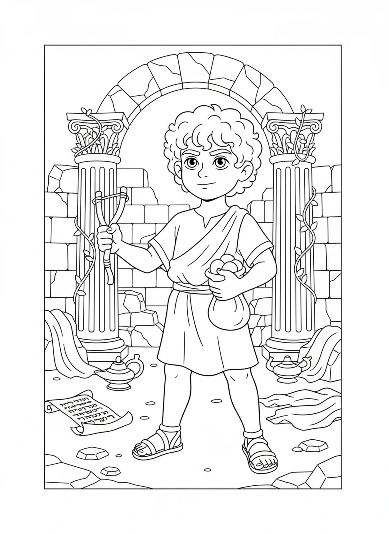 David avec sa fronde, page à colorier Psaume 51 Crée en moi un cœur pur pour les enfants de l'École du dimanche âgés de 5 à 12 ans.
