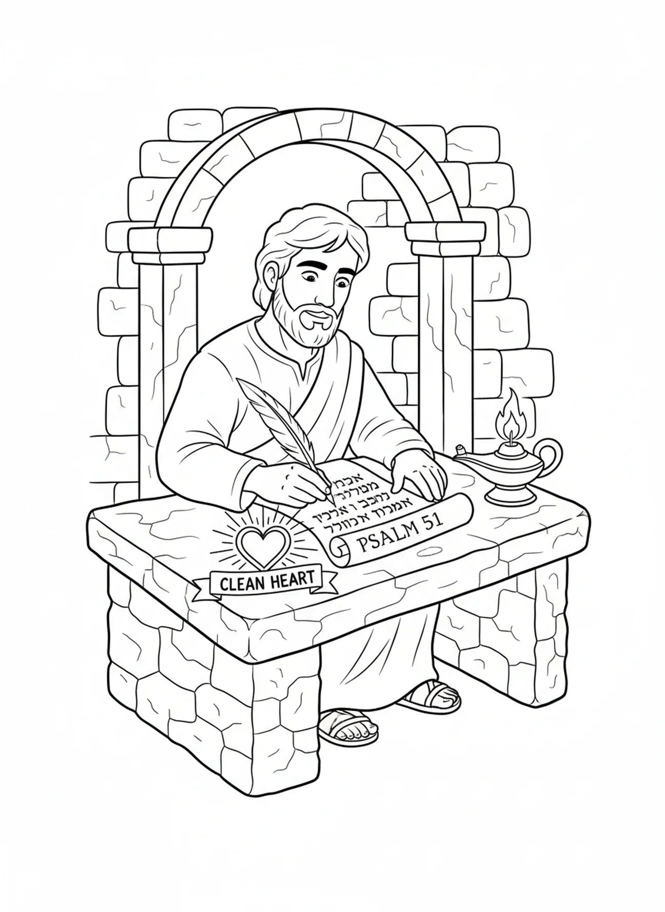 David écrivant le Psaume 51, page à colorier Psaume 51 Crée en moi un cœur pur pour les enfants de l'École du dimanche âgés de 5 à 12 ans.