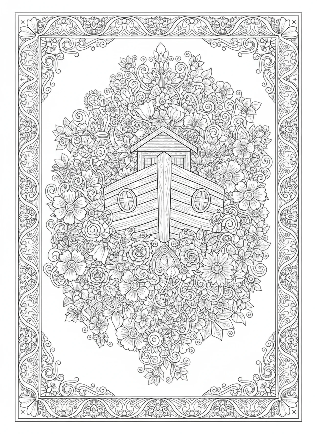 Arca com flores e trepadeiras, página de colorir Salmo 91:1 para adultos no estilo de journaling bíblico