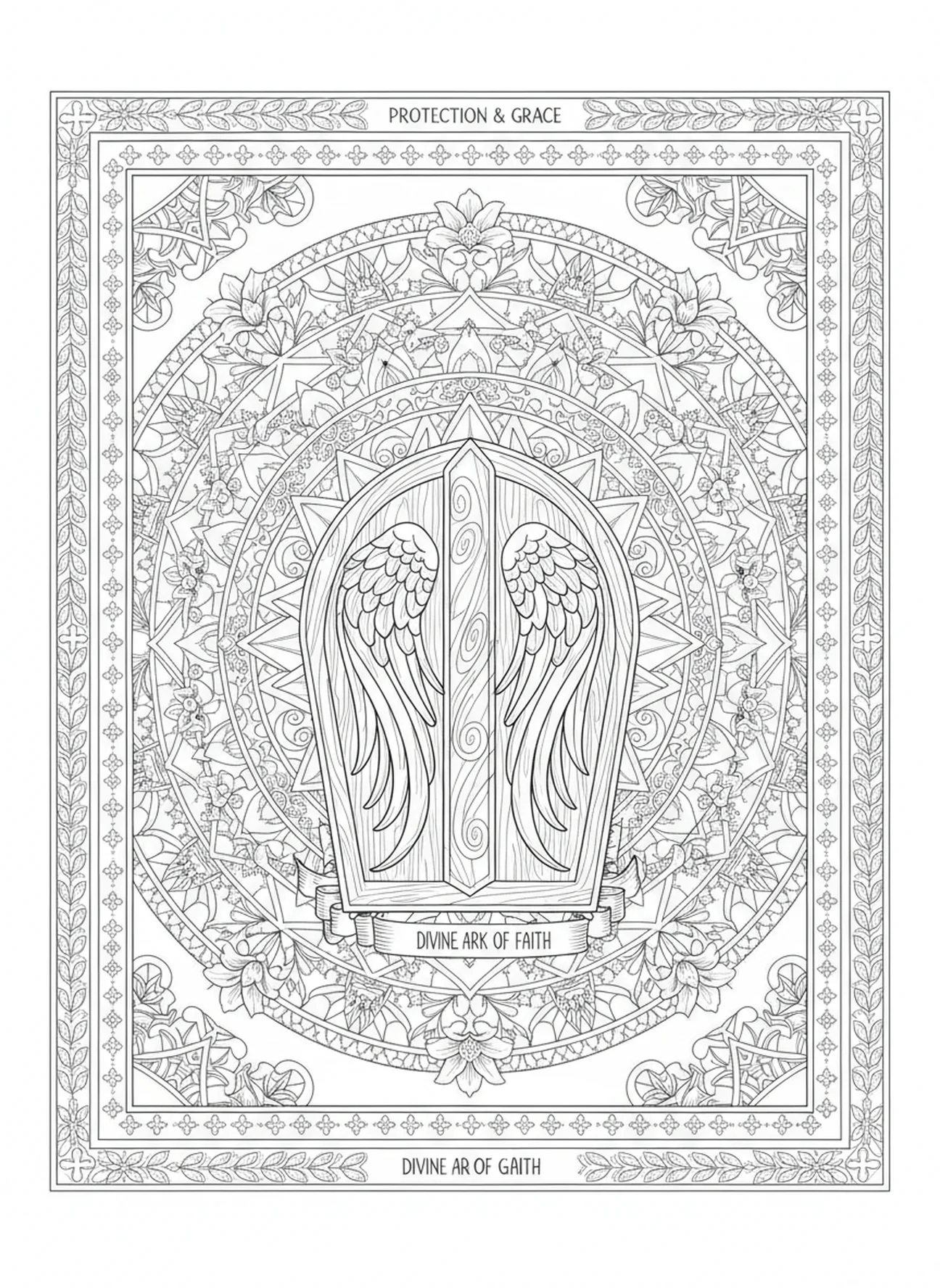 Arca com asas de anjo, página para colorir Salmo 91:1 no estilo de journaling bíblico para adultos