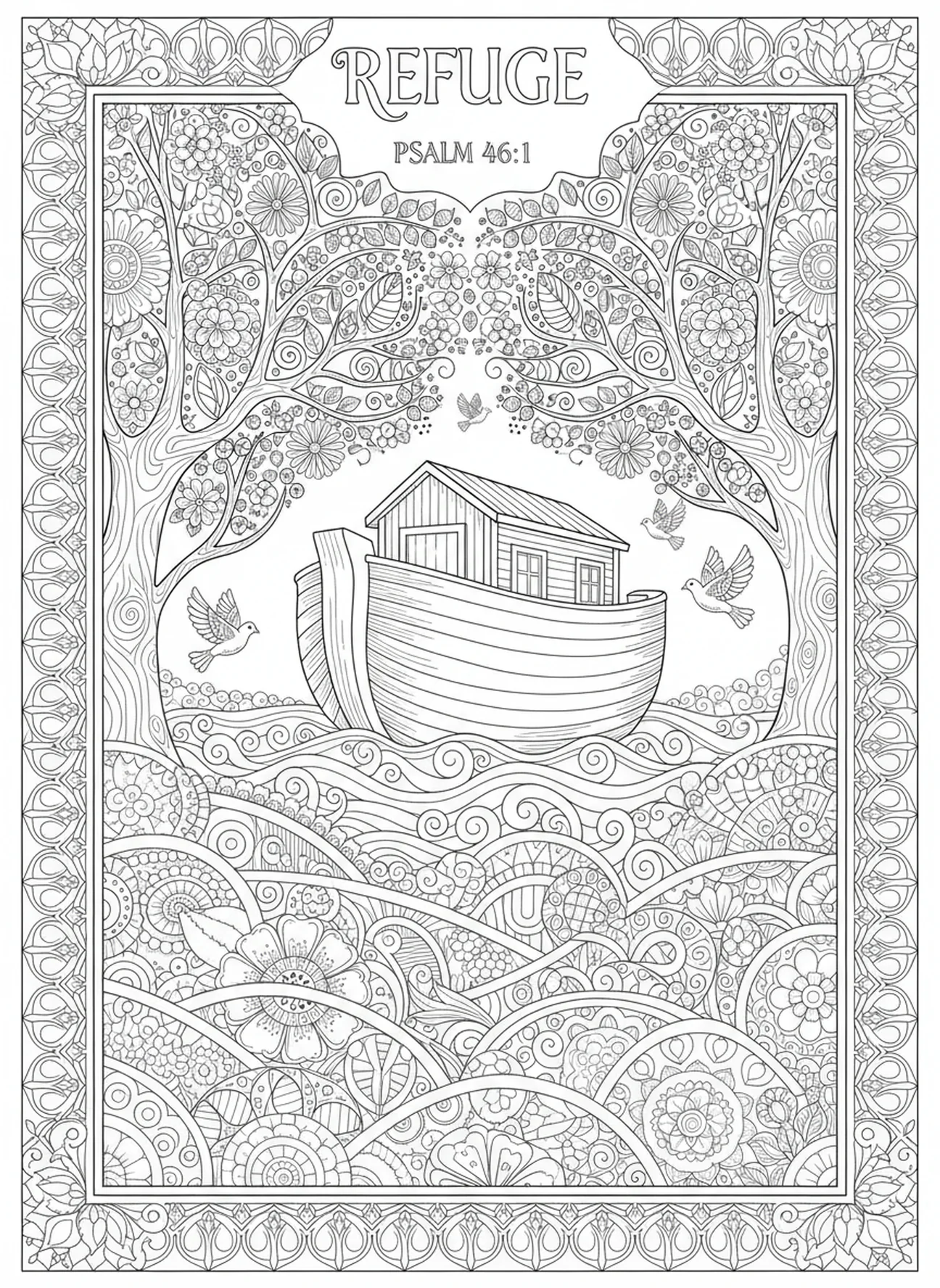 Página para colorir da arca em uma paisagem serena, Salmo 91:1, estilo de journaling bíblico para adultos