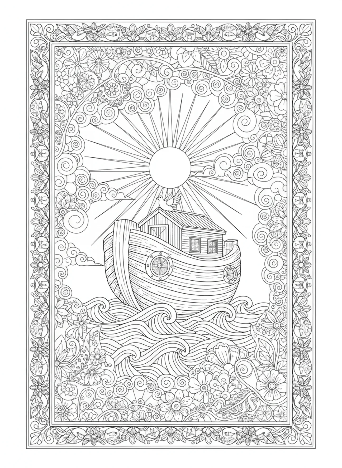 Sol radiante acima da arca, página de colorir Salmo 91:1 para adultos no estilo de journaling bíblico