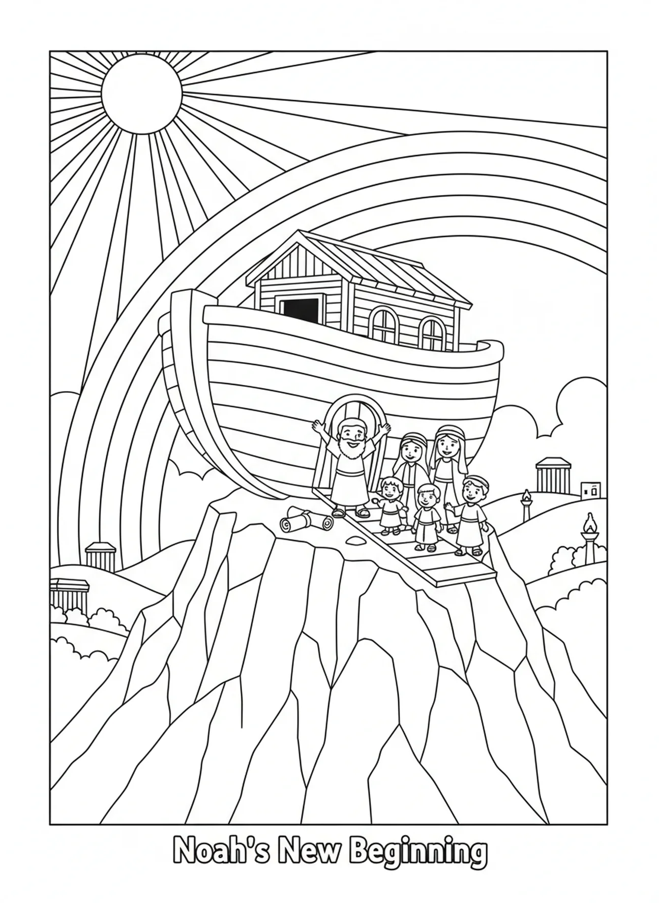 Noé e sua família na montanha, página de colorir Salmo 91:1 para crianças da Escola Dominical de 5 a 12 anos