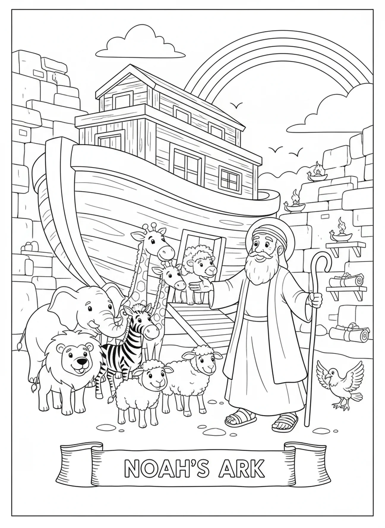 Noé guiando os animais, página para colorir Salmo 91:1 para crianças da Escola Dominical de 5 a 12 anos
