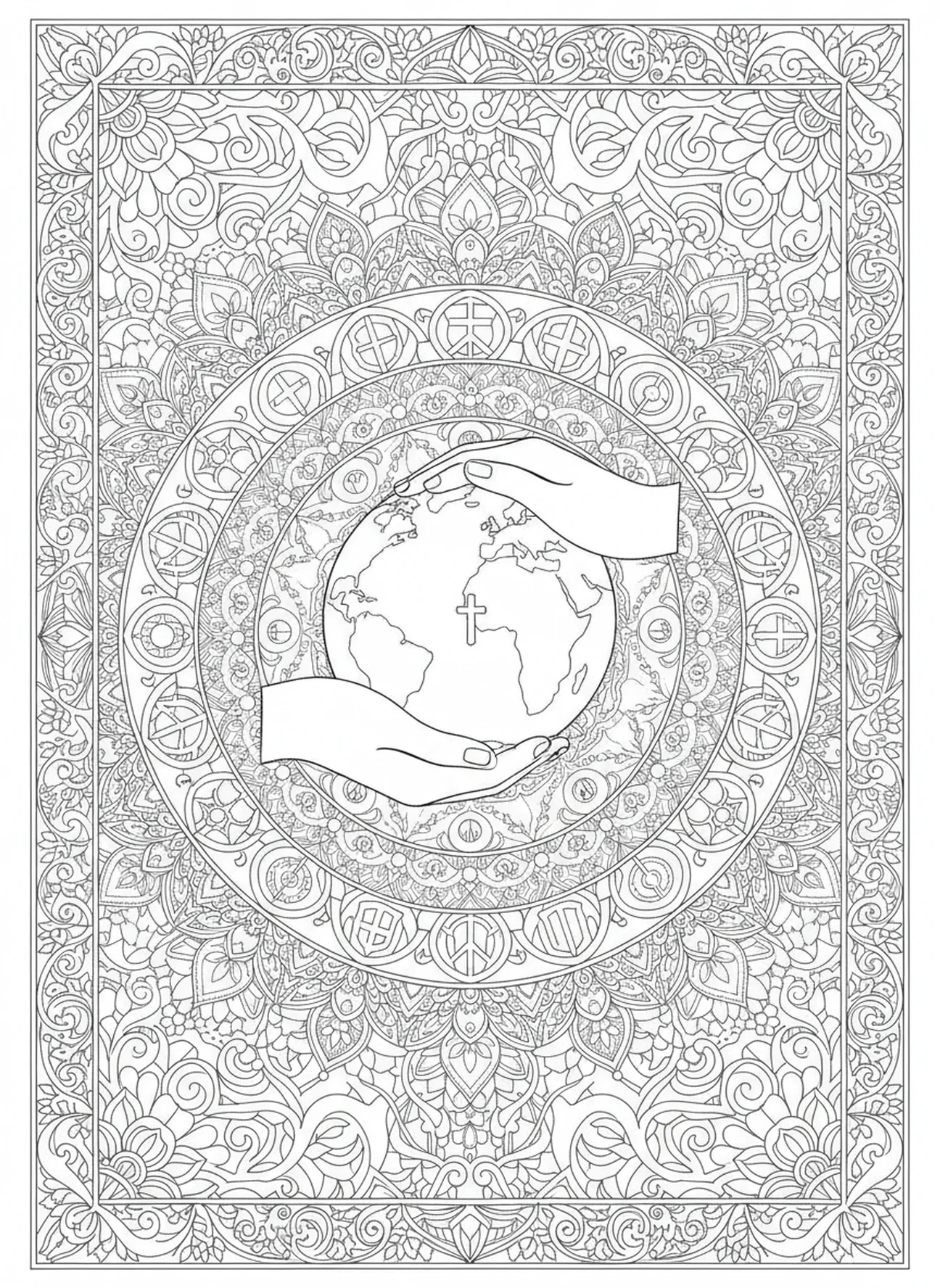 Des mains tenant la terre, page à colorier Psaume 91:2 Refuge Forteresse pour adultes dans un style de journal biblique.