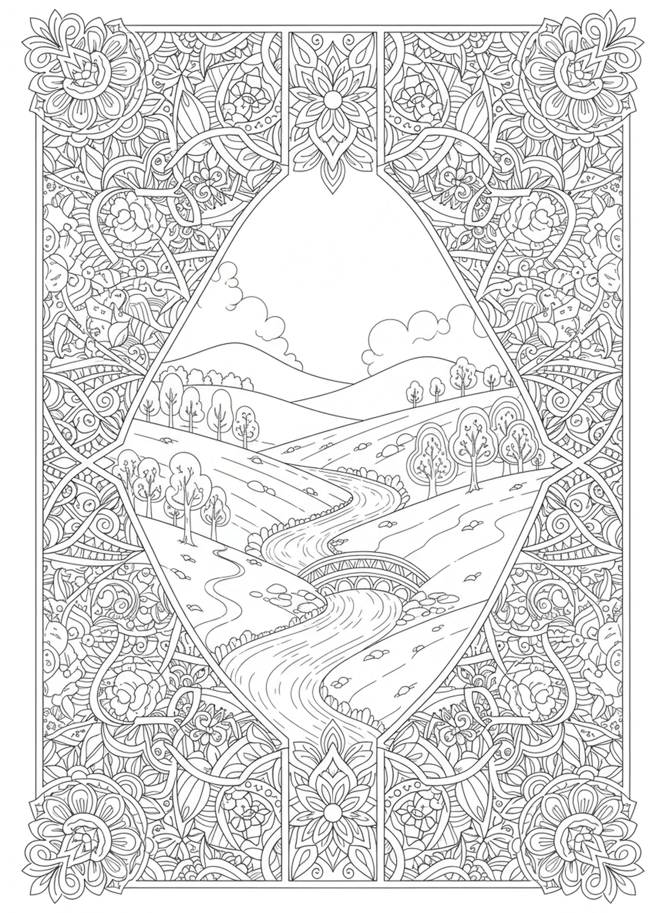 Vallée sereine, Psaume 91:2 page à colorier Refuge Forteresse pour adultes dans un style de journal biblique.