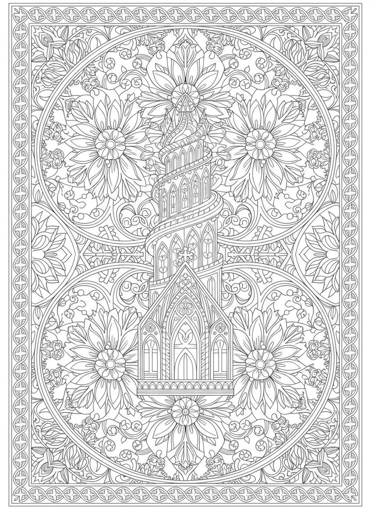 Tour ornée, Psaume 91:2 page à colorier Refuge Forteresse pour adultes dans un style de journal biblique.
