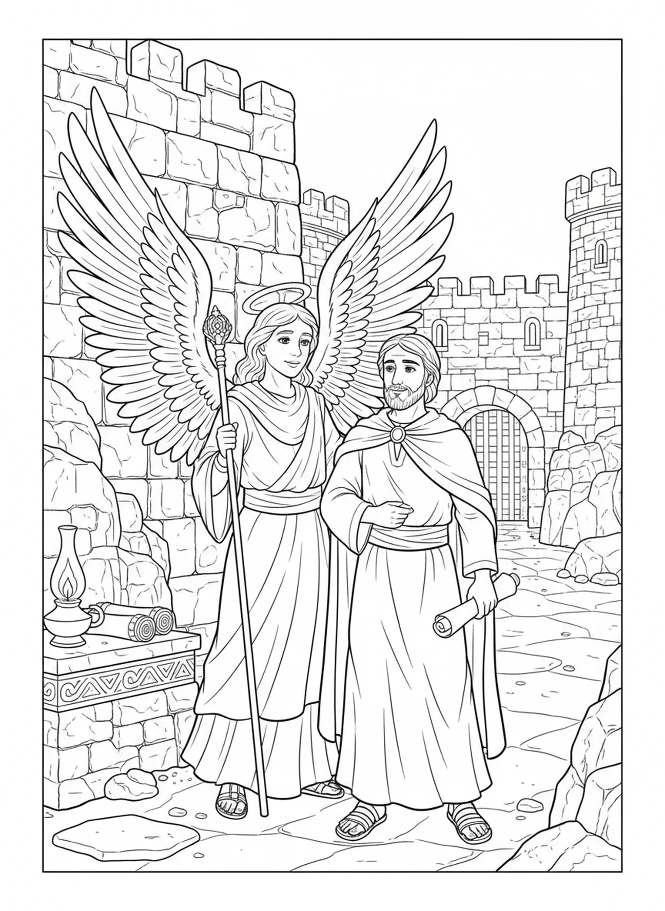 Ángel al lado del hombre, Salmo 91:2 página para colorear Refugio Fortaleza para niños de Escuela Dominical de 5 a 12 años.