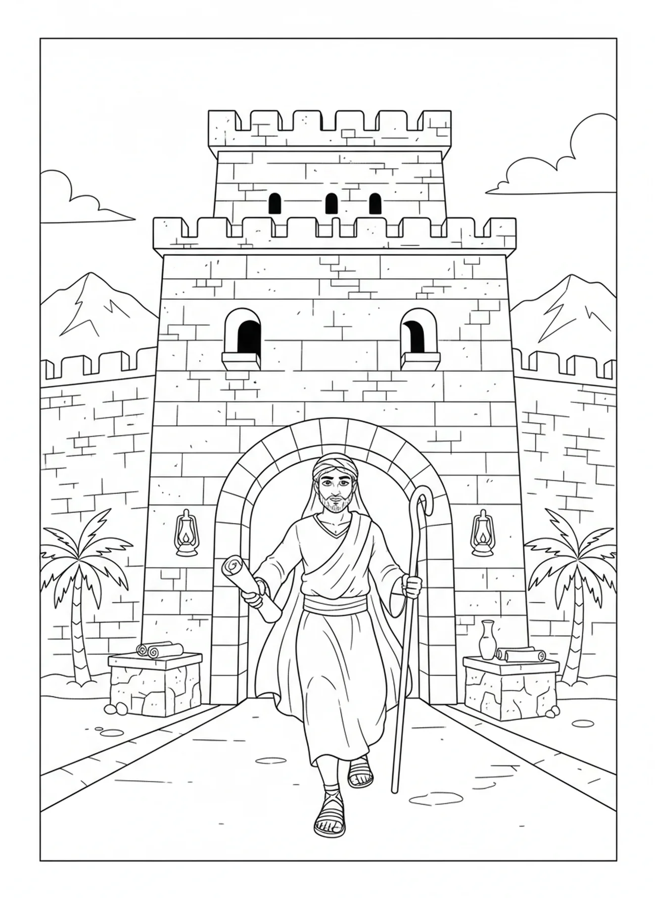 Hombre saliendo de la fortaleza, Salmo 91:2 página para colorear Refugio Fortaleza para niños de Escuela Dominical de 5 a 12 años.