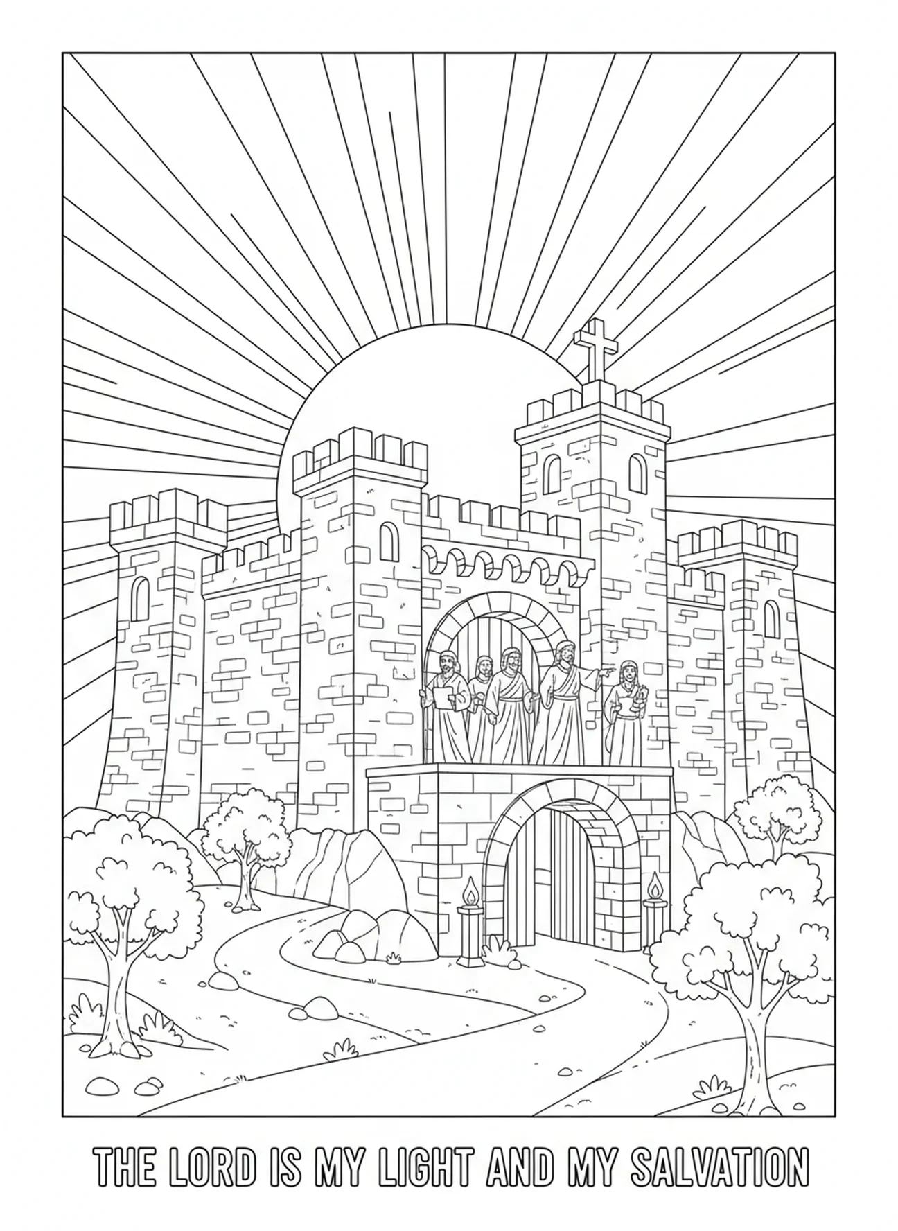 Amanecer sobre la fortaleza, Salmo 91:2 página para colorear Refugio Fortaleza para niños de Escuela Dominical de 5 a 12 años.