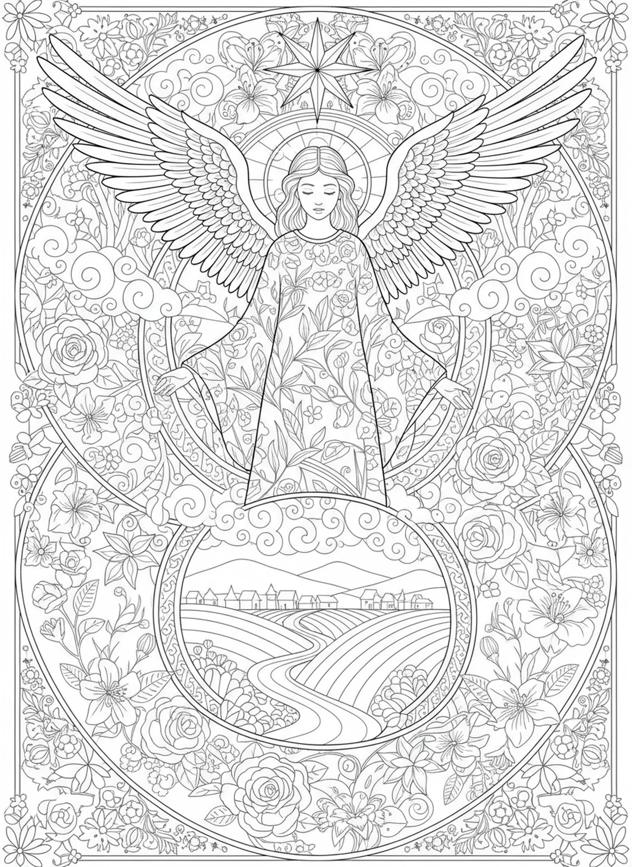Anjo com asas expansivas, Salmo 91:4 Página para colorir sobre Asas estilo Bíblia para adultos