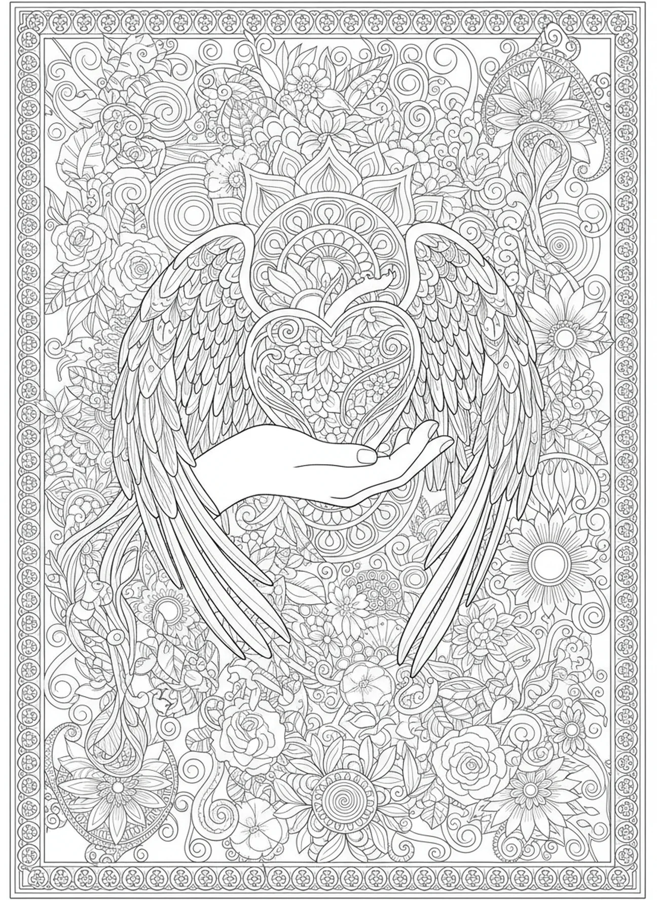Mão segurando coração com asas, Salmo 91:4 Página para colorir para adultos no estilo de journaling bíblico