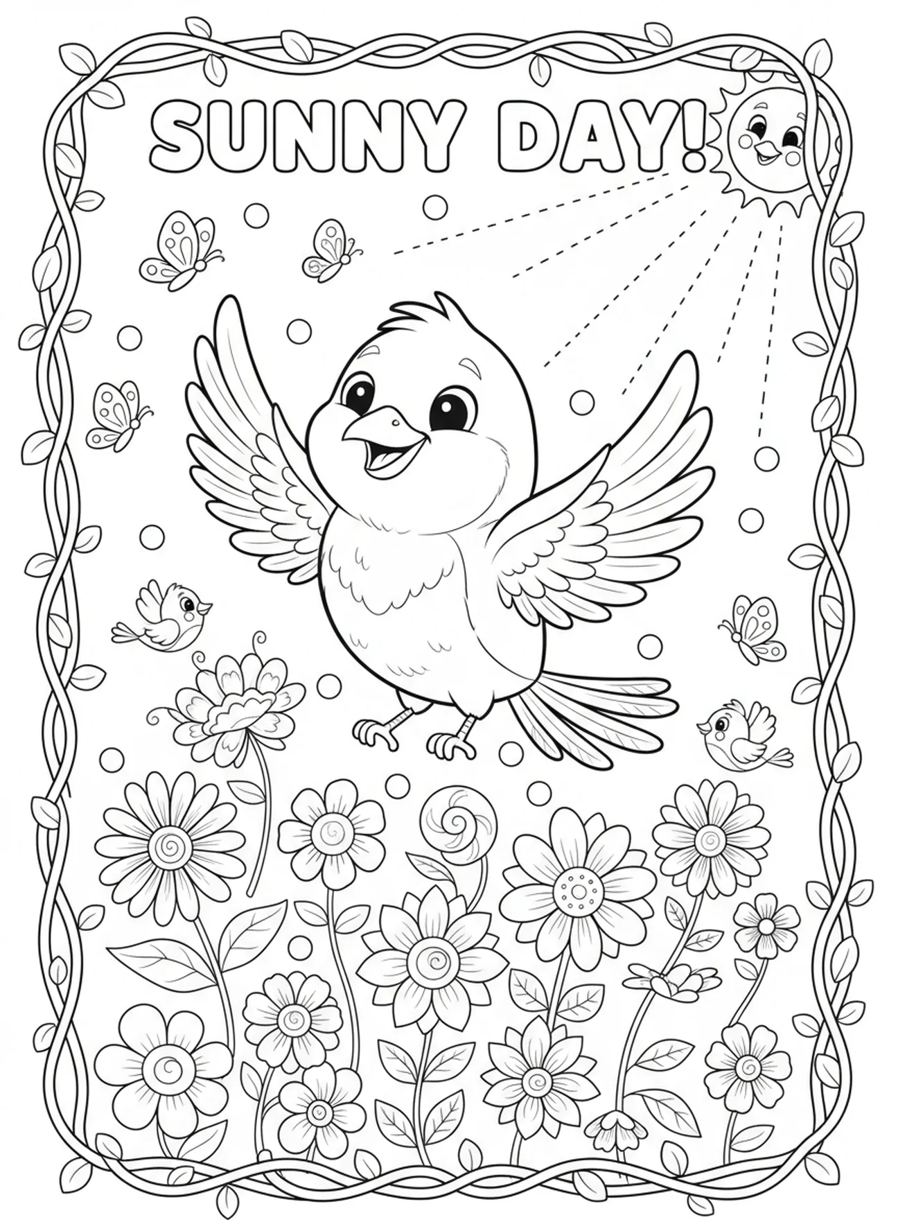 Vogel, der sich in der Sonne wärmt, Psalm 91,4 Unter den Flügeln Ausmalbild für Kinder im Alter von 5-10 Jahren