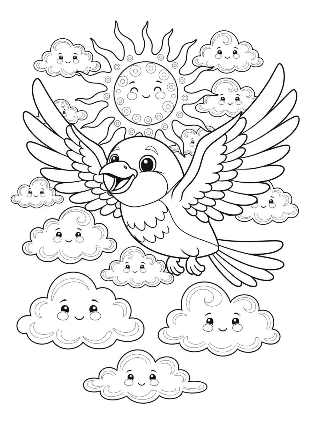Großer Vogel, der am Himmel schwebt, Psalm 91,4 Unter den Flügeln Malvorlage für Kinder im Alter von 5-10 Jahren