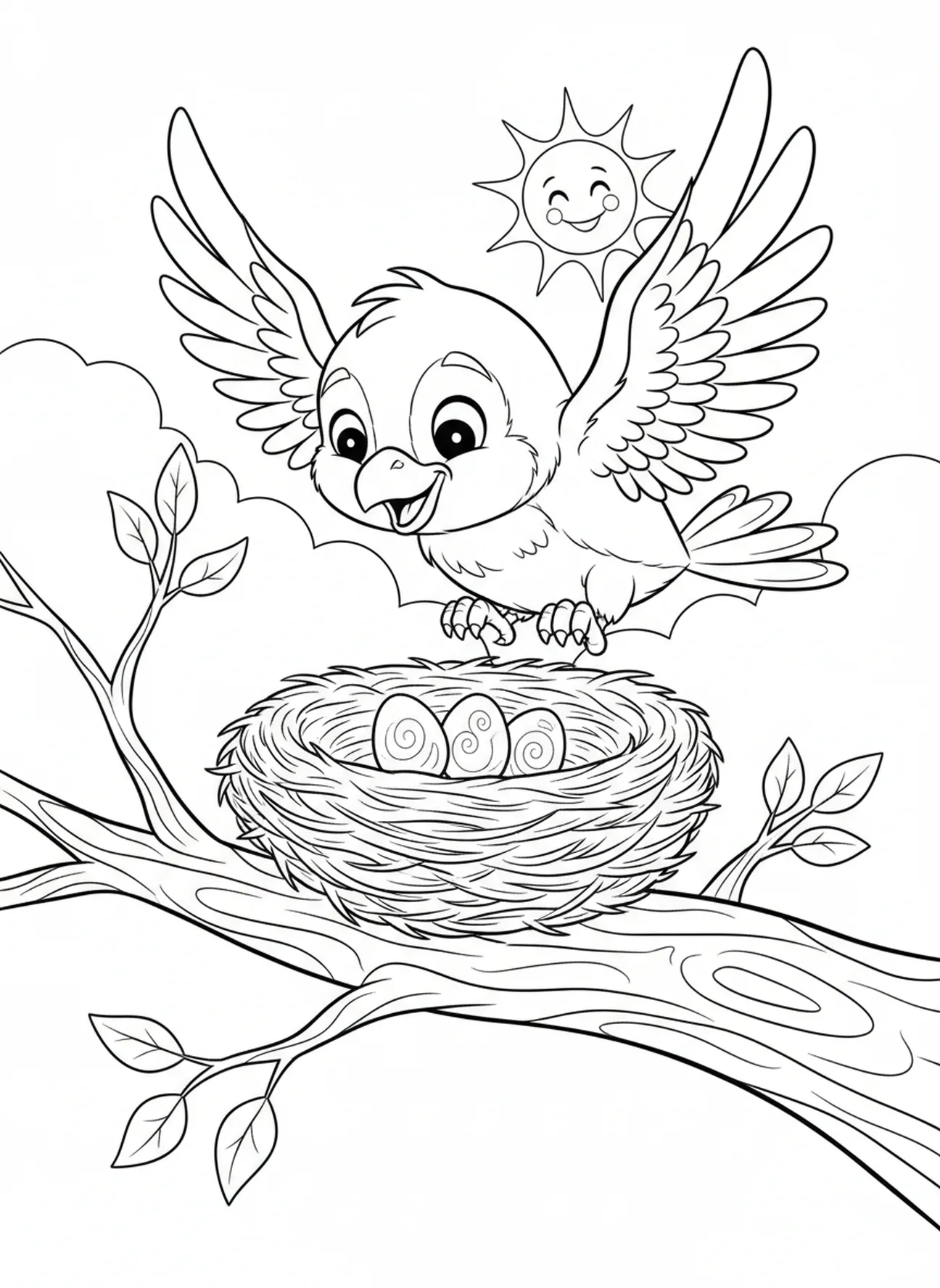 Großer Vogel kehrt zum Nest zurück, Psalm 91,4 Unter den Flügeln Ausmalbild für Kinder im Alter von 5-10 Jahren